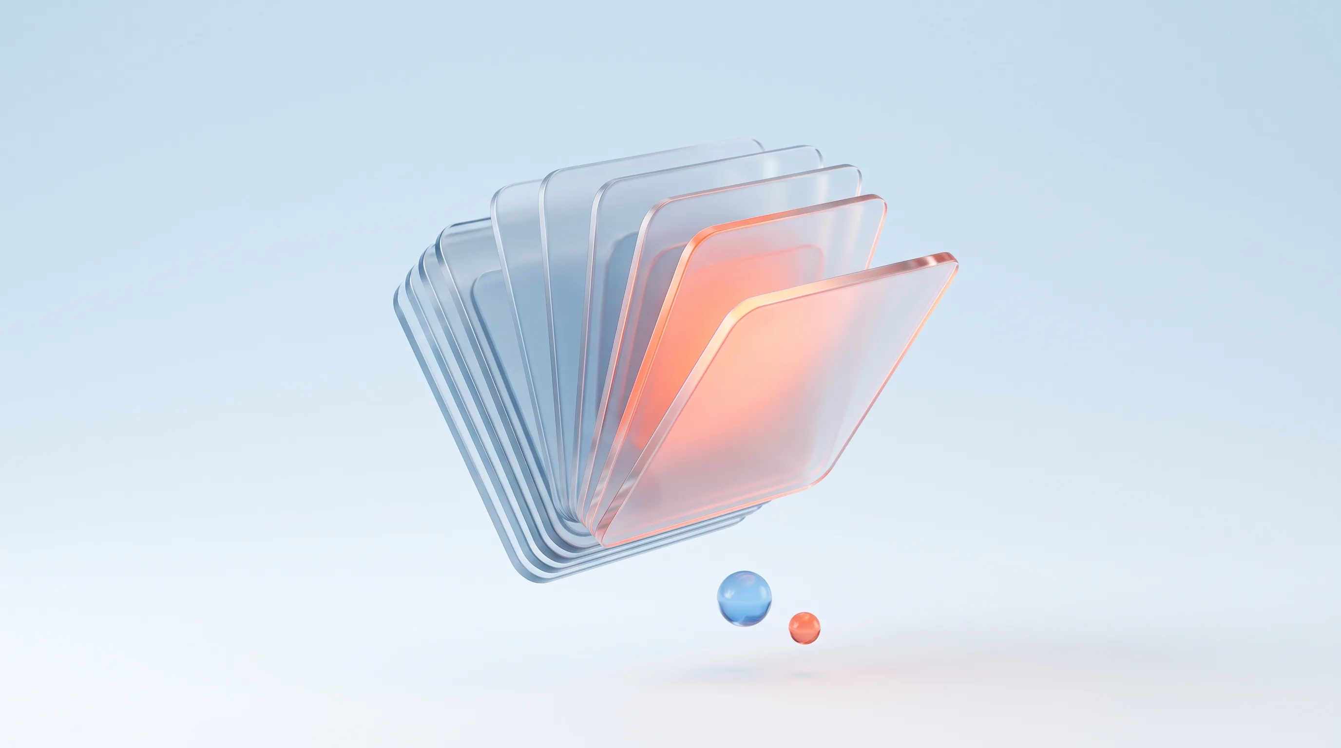 A glass glyph of nested layers opening one at a time, representing progressive disclosure of complexity