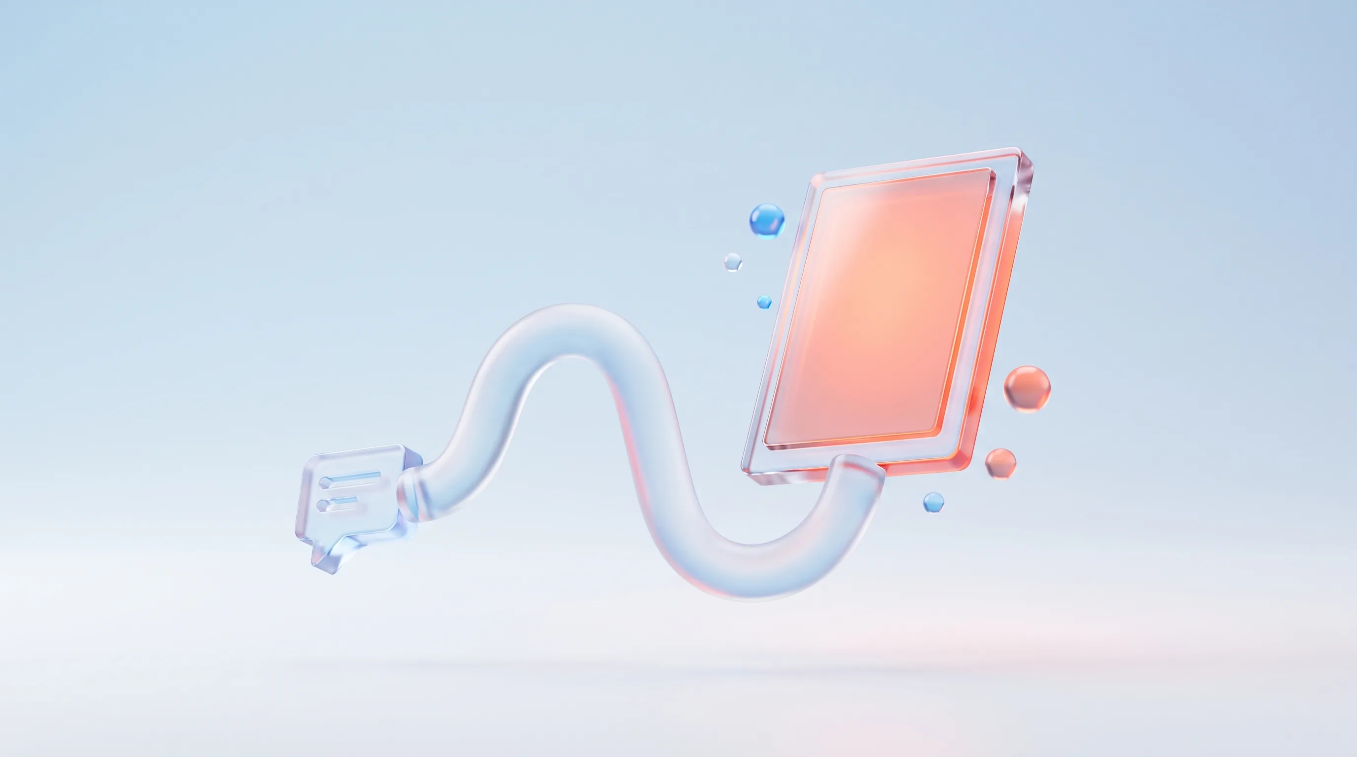 Glass pipeline flowing from a small glass prompt glyph to a polished glass ad frame, representing an AI ad creation pipeline