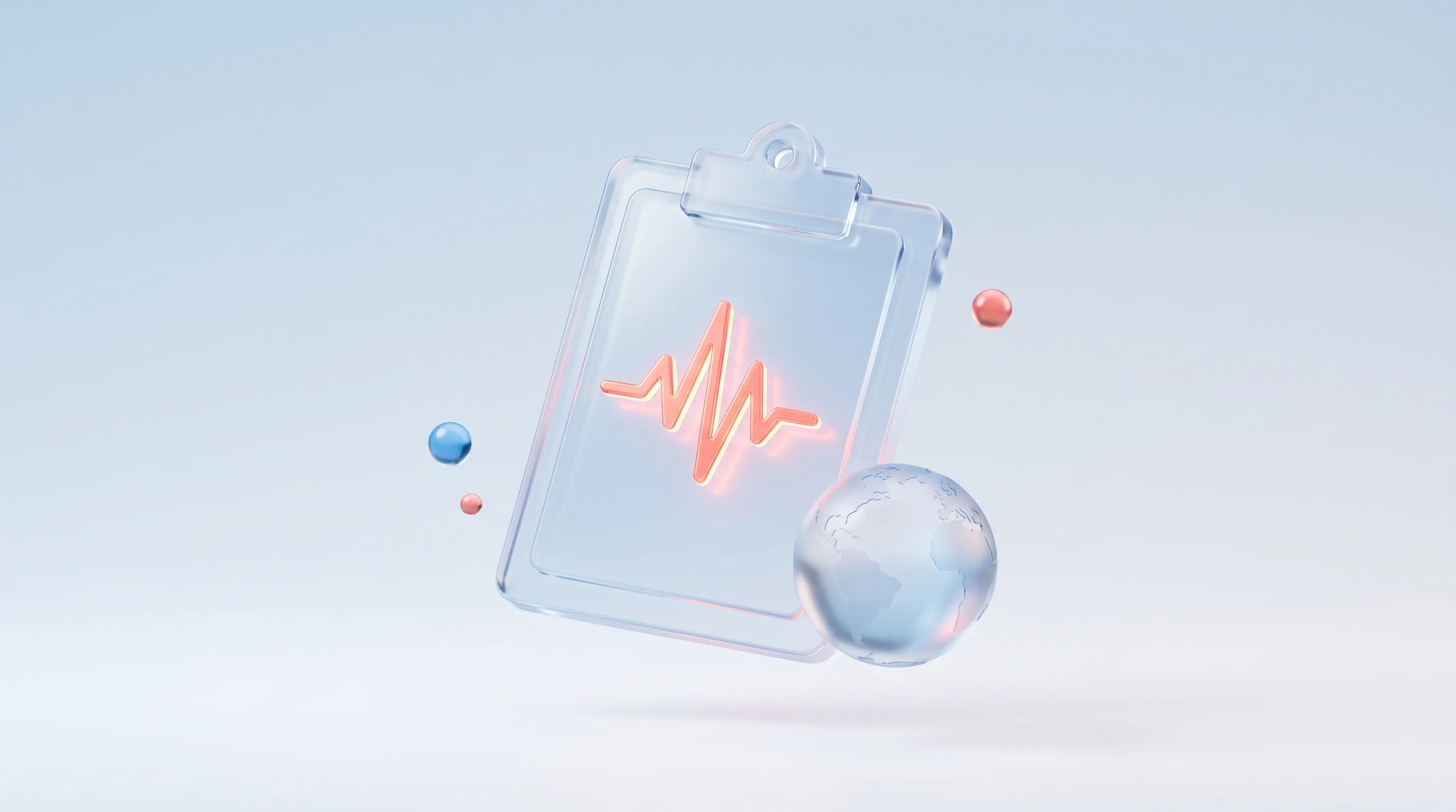Glass clipboard with a glowing heartbeat line across it beside a small glass globe, representing a recurring website health check