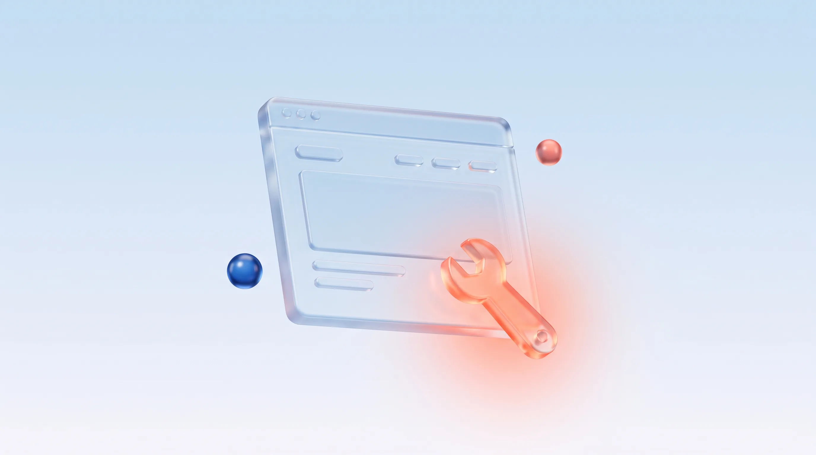 Glass landing page frame with a small glowing wrench beside it, representing a focused tune-up of one high-traffic page