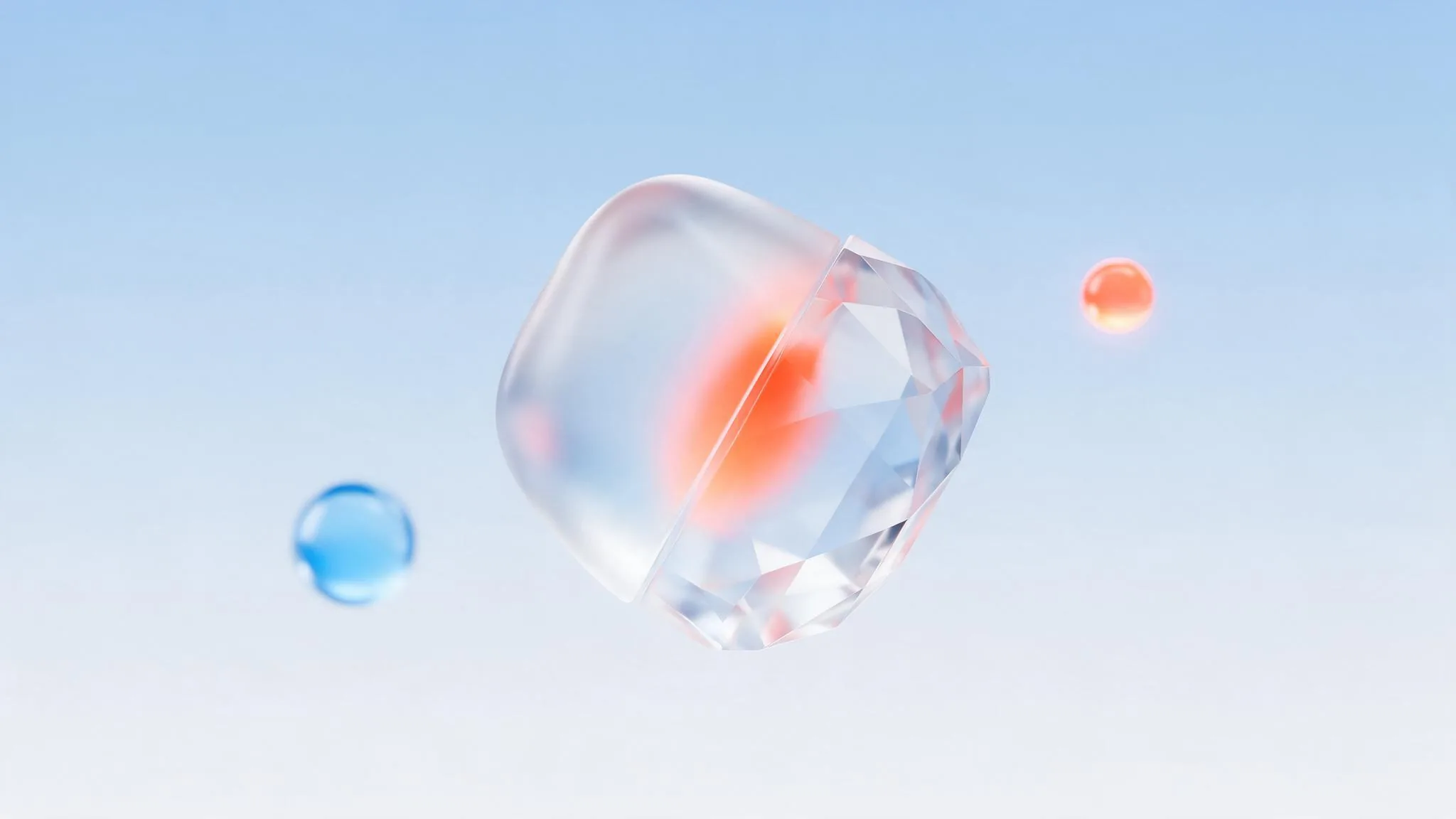 A glass gemstone being reshaped, one half smooth and one half newly faceted with a coral glow, representing rebrand versus refresh
