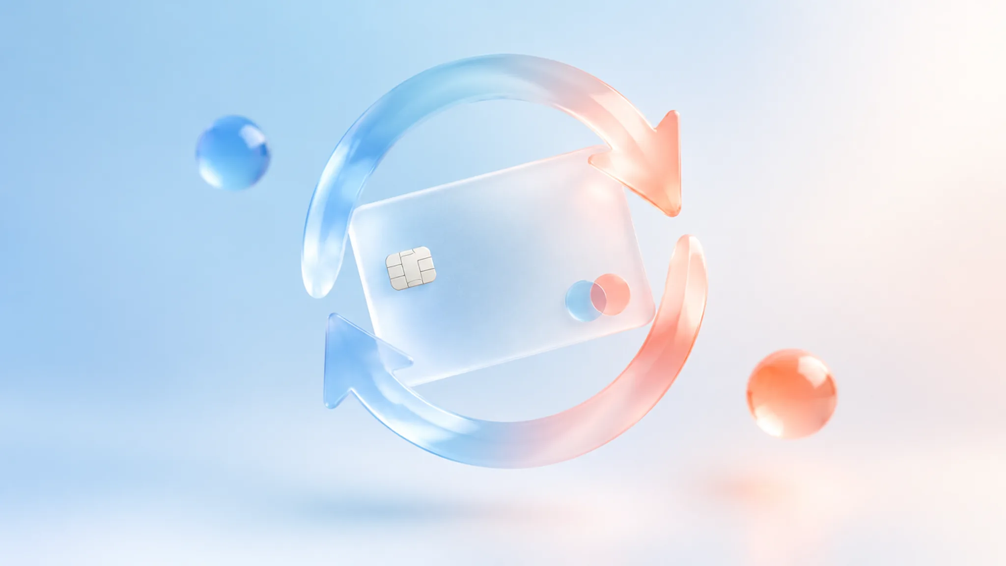A frosted-glass circular retry arrow glyph curving over a card shape on a pale sky-blue gradient with a warm coral glow