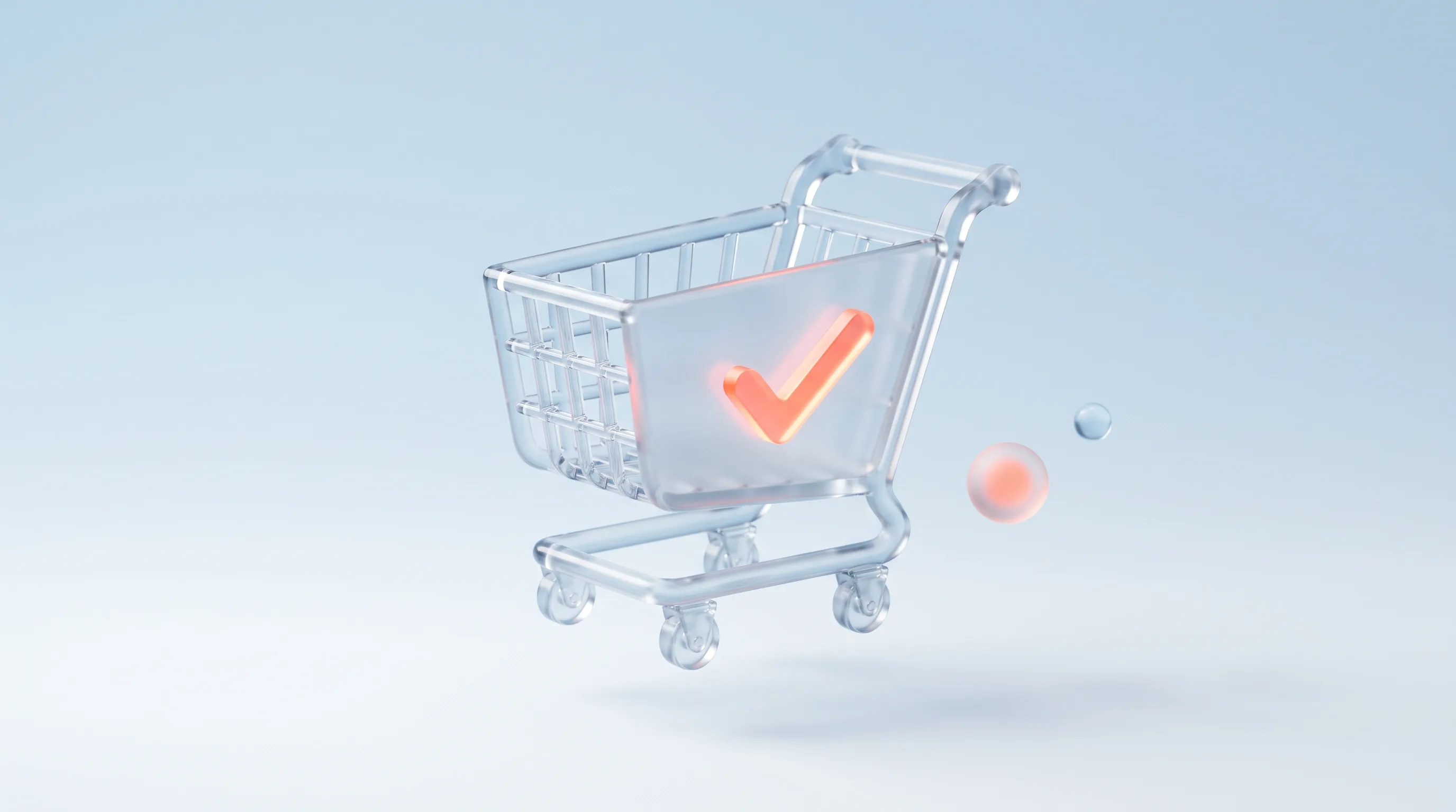 A glass shopping cart glyph with a glowing coral checkmark, representing a low-friction checkout