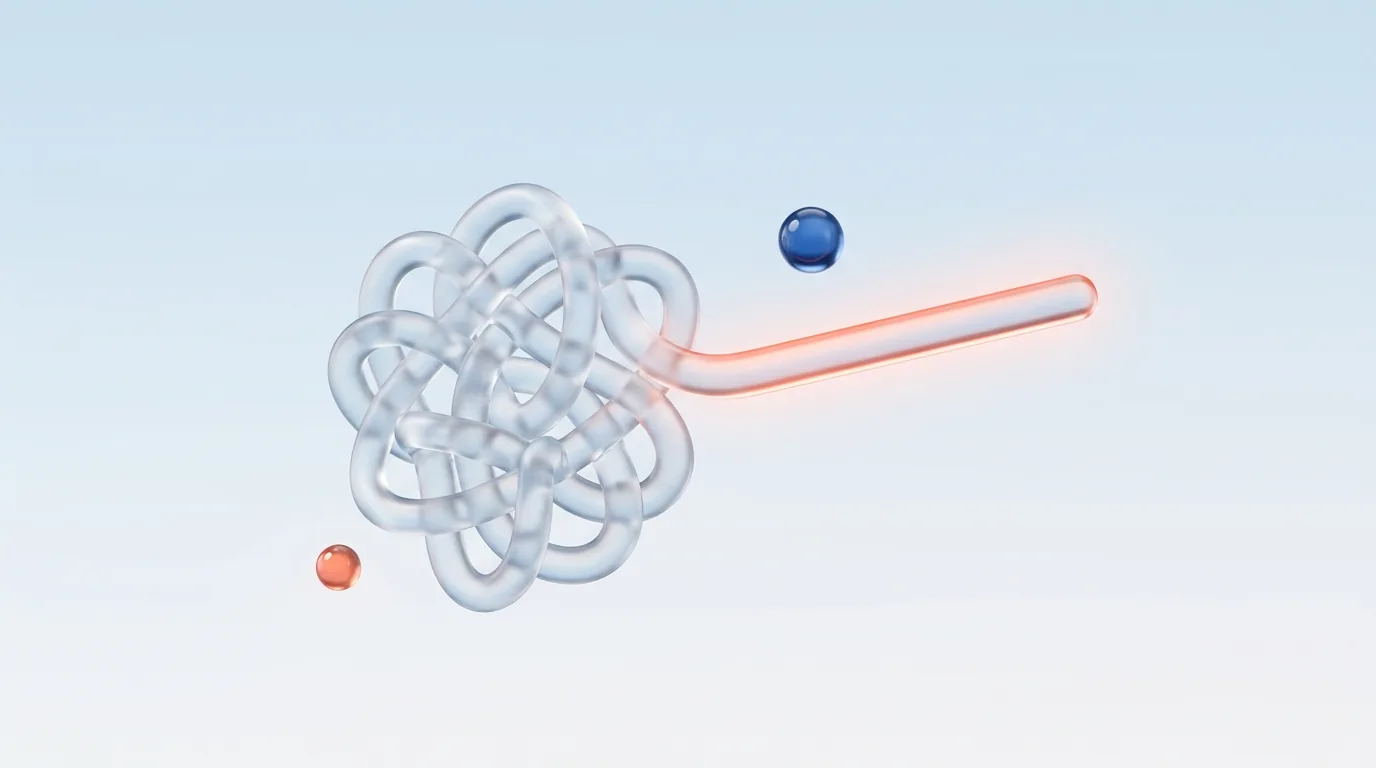 A glass glyph of a tangled path simplifying into a clear line, representing reduced cognitive load
