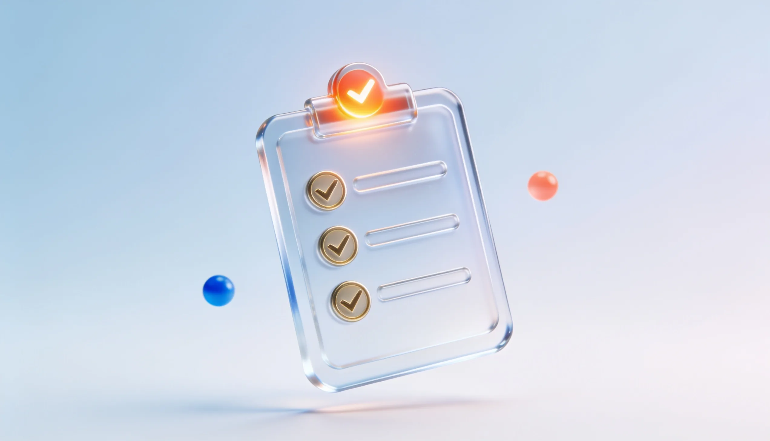 Glass clipboard with glowing checkmarks, representing a landing page checklist