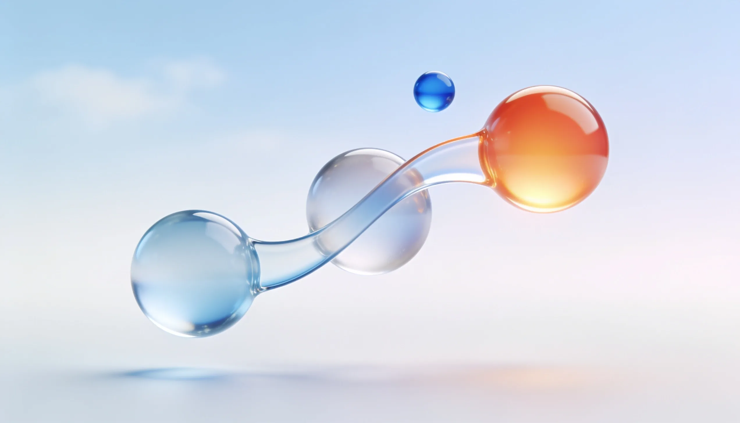 Three connected glass nodes representing an automated marketing funnel