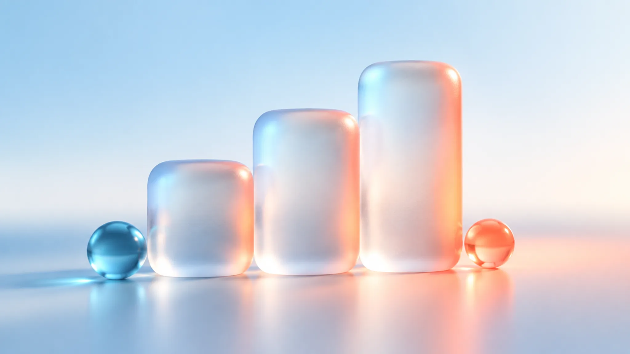 Three frosted-glass blocks of rising height side by side on a pale gradient with coral glow