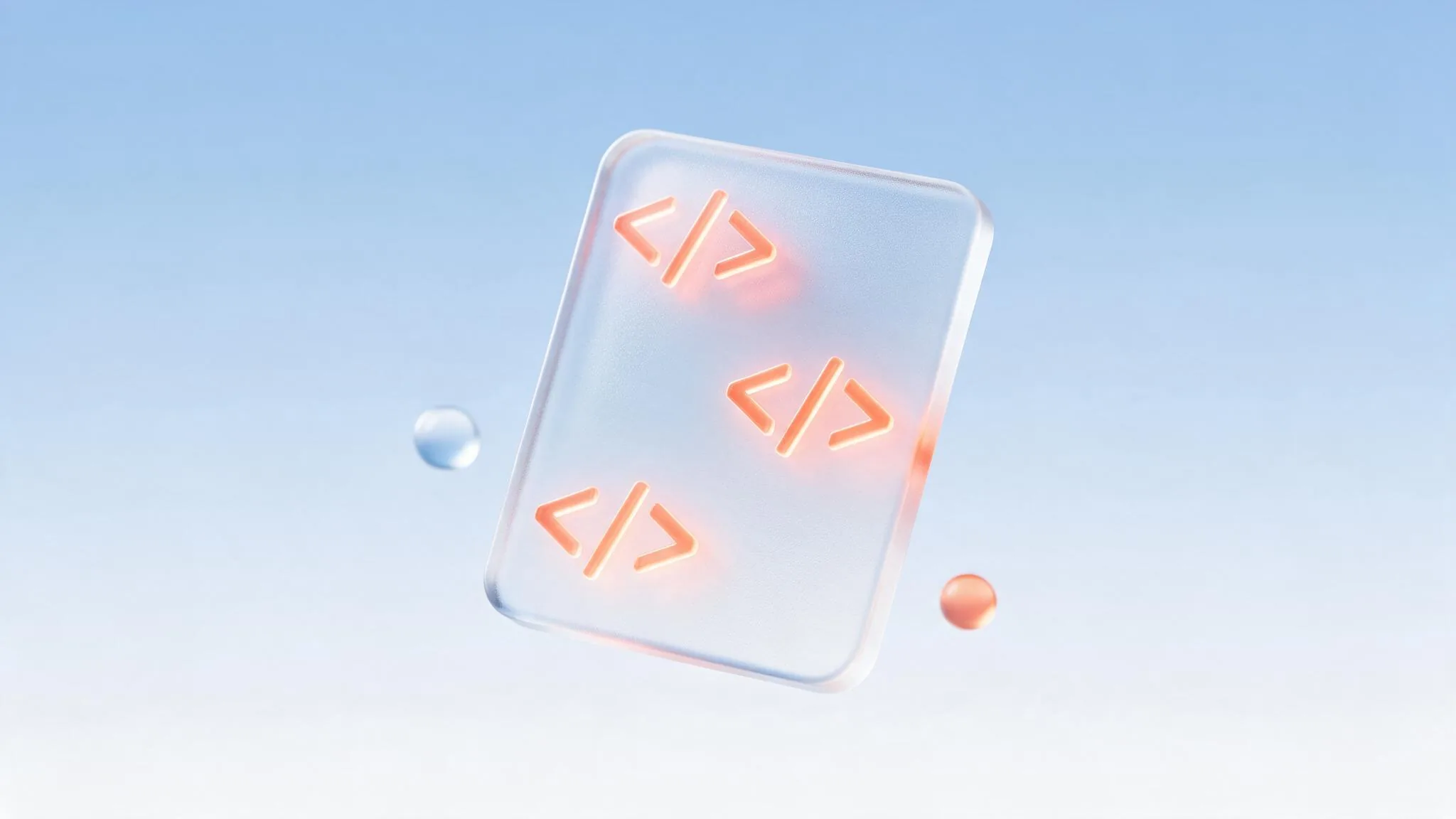 A glass document glyph with glowing coral angle-bracket code marks, representing schema markup for AI