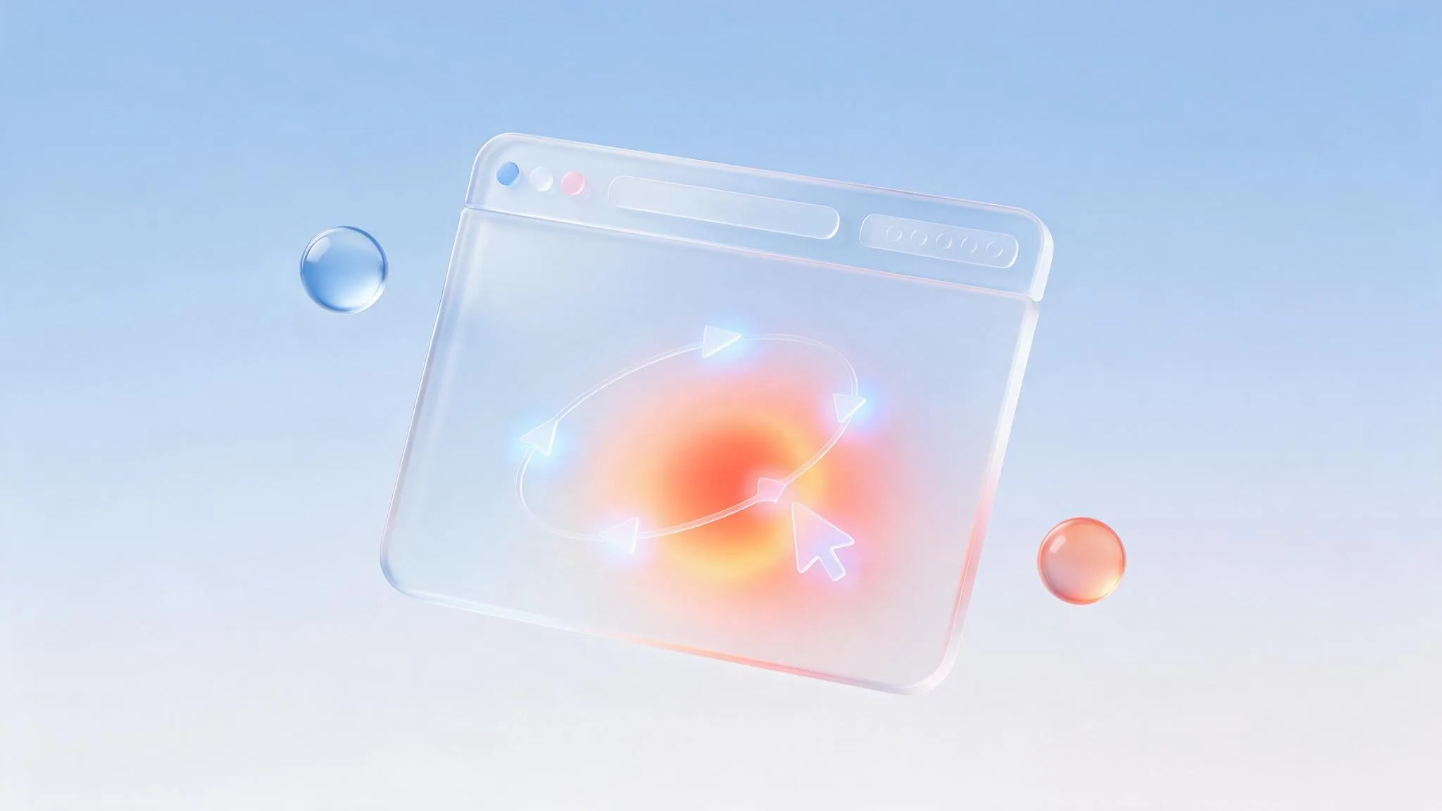 A glass browser panel with a glowing coral heatmap hotspot and a faint cursor trail, representing session replays and heatmaps
