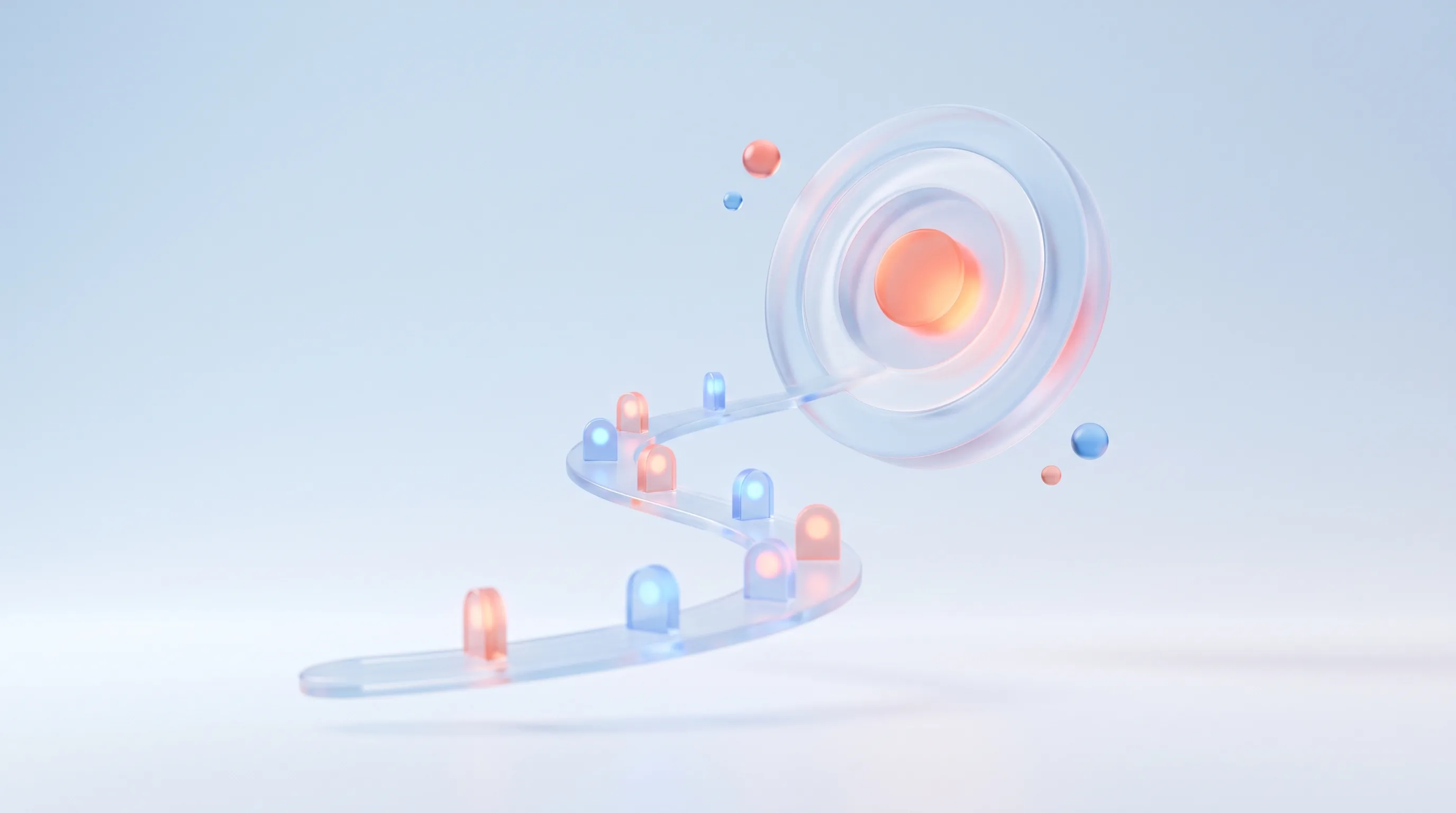 Glass target with a glowing ascending path of milestones leading to it, representing a realistic yearly conversion goal and plan