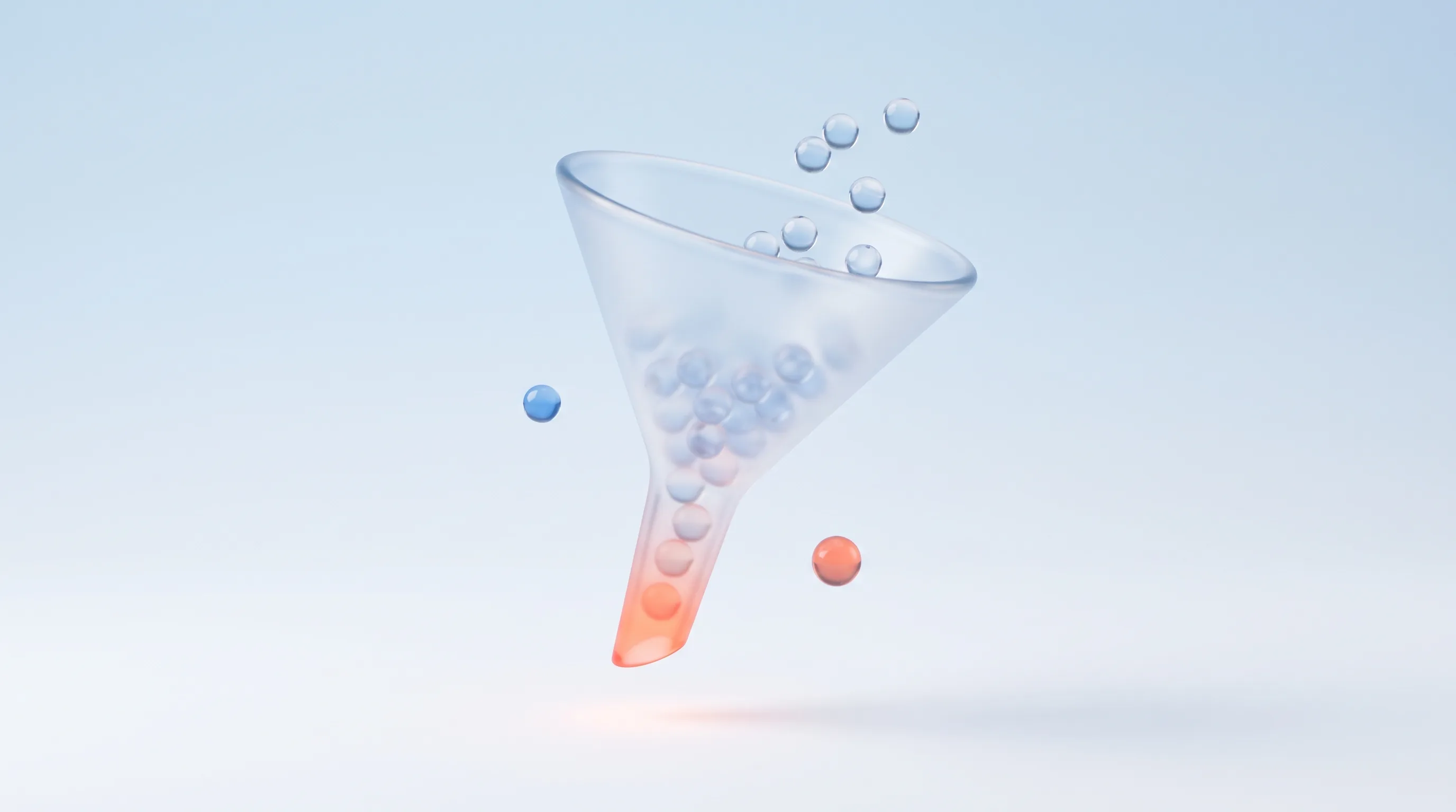 Glass funnel with small glass nodes flowing through it and glowing at the narrow end, representing the signup-to-revenue funnel