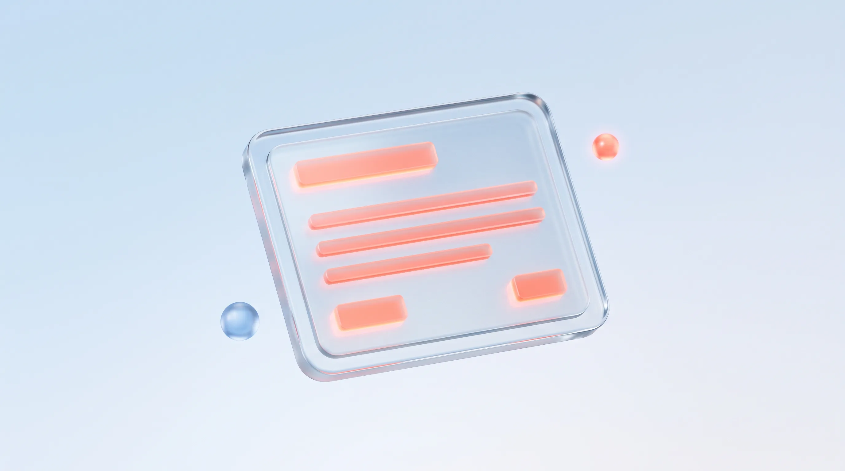 A glass content card glyph with glowing coral skeleton placeholder bars, representing skeleton screen loading