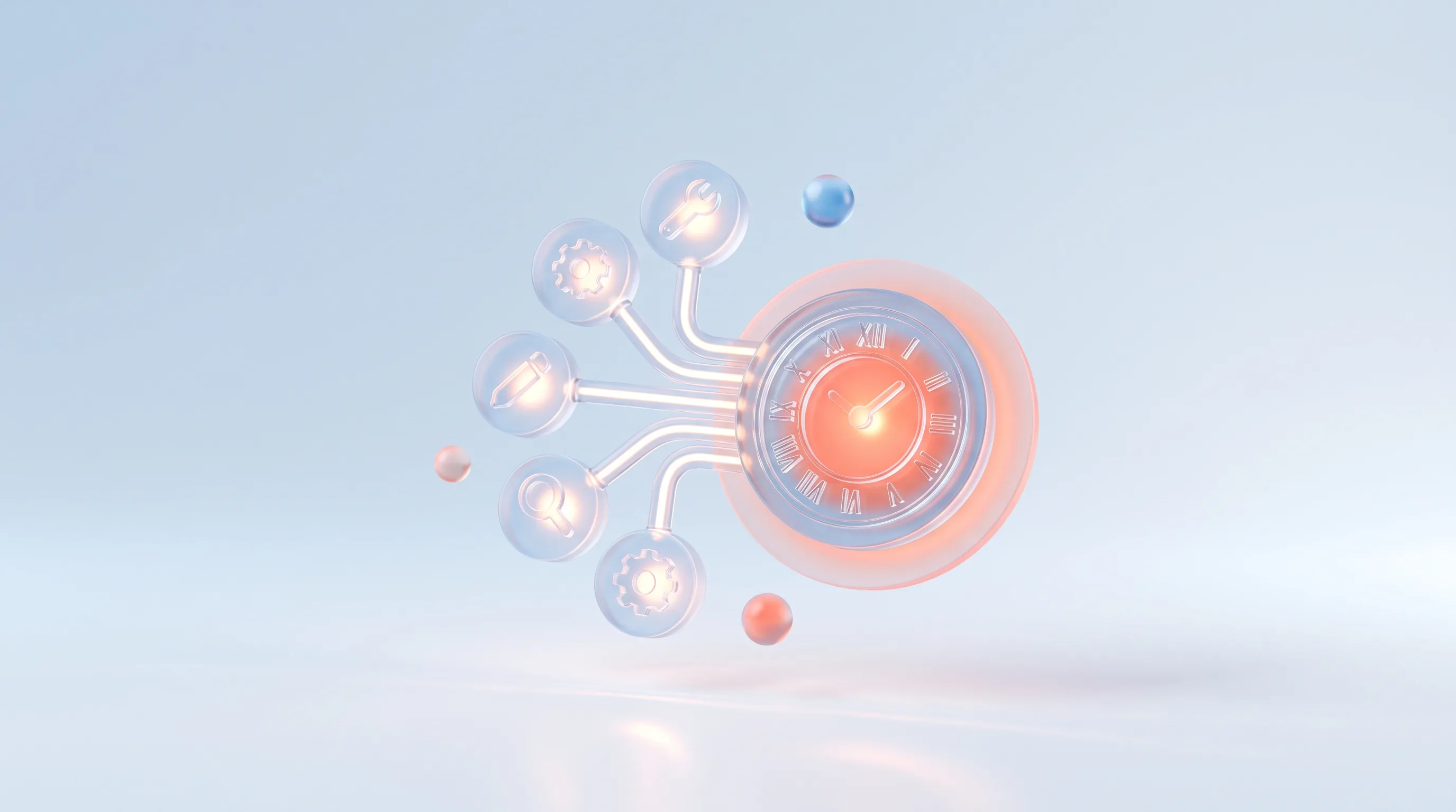 Small glass tool icons each with a gentle glow feeding a glass clock gaining time, representing small AI tools saving hours