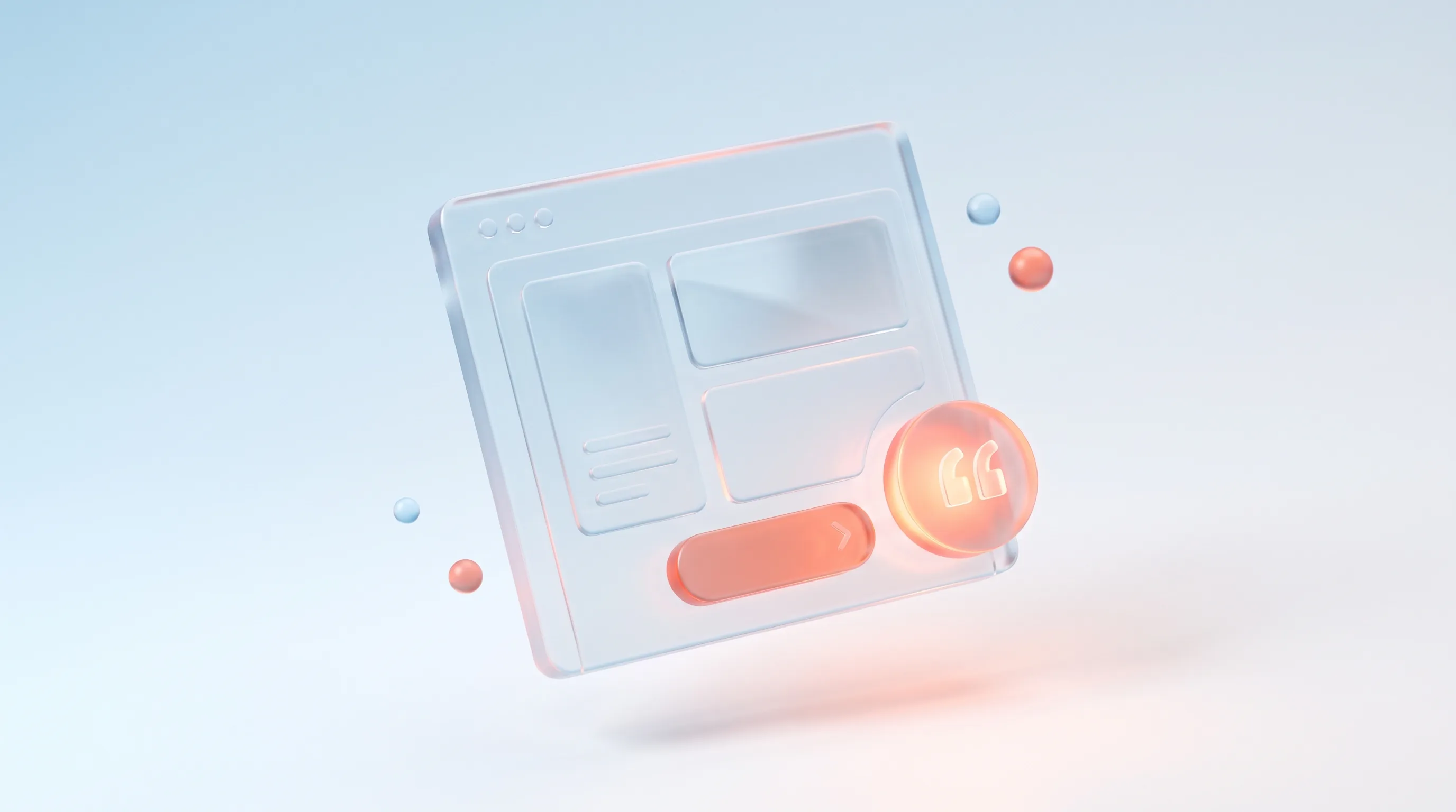 Glass landing page frame with a glowing quotation-mark badge placed beside the call to action, representing social proof positioned at the point of decision