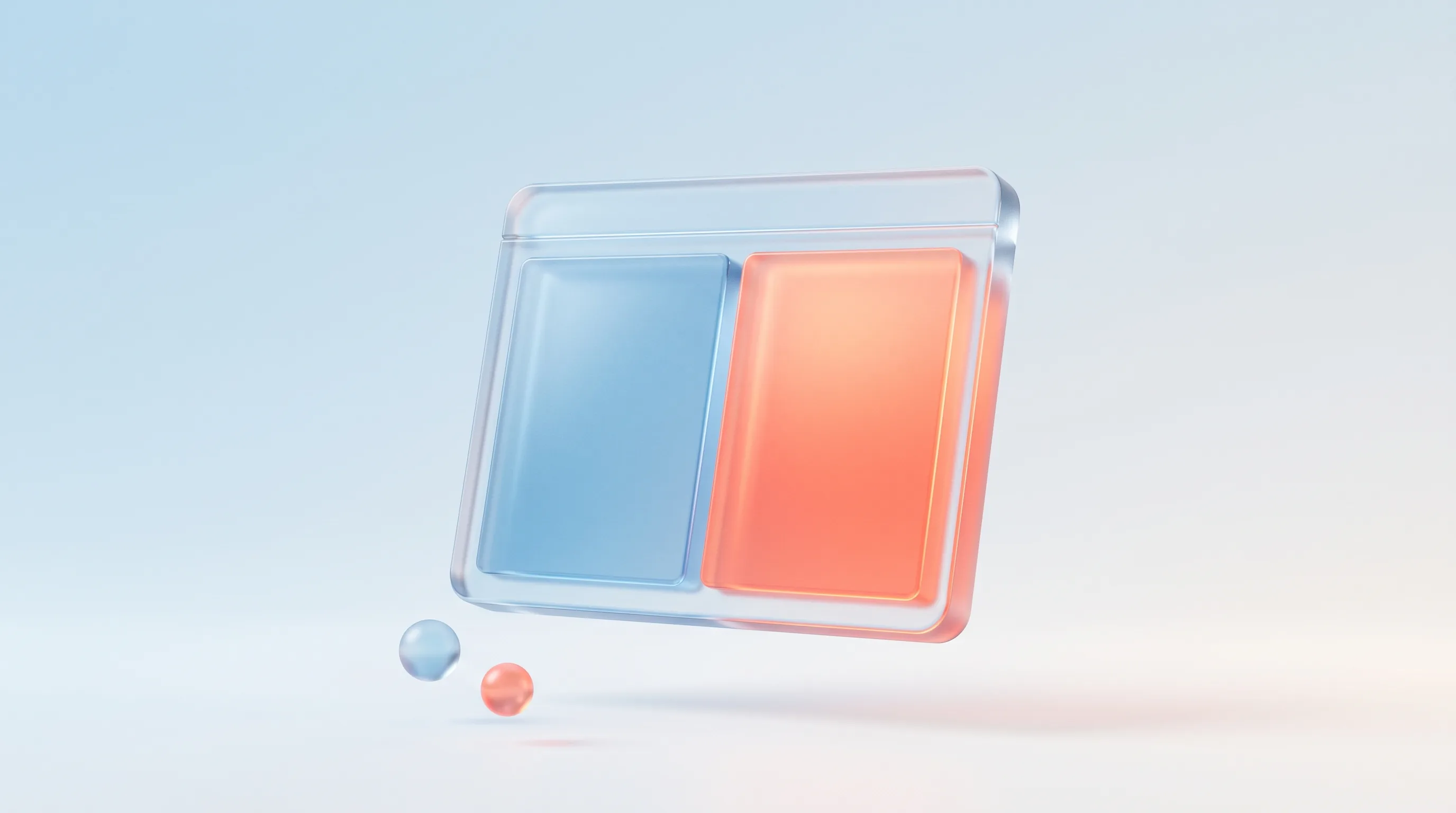 A glass browser window frame split vertically into a cool blue panel and a warm coral panel, representing a split-screen landing page