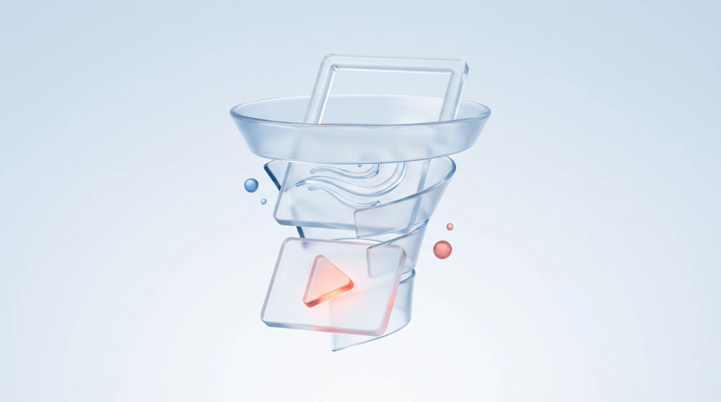 Three glass ad panels, a static frame, a motion graphic, and a video play button, arranged along a glowing glass funnel, representing ad format choice by funnel stage