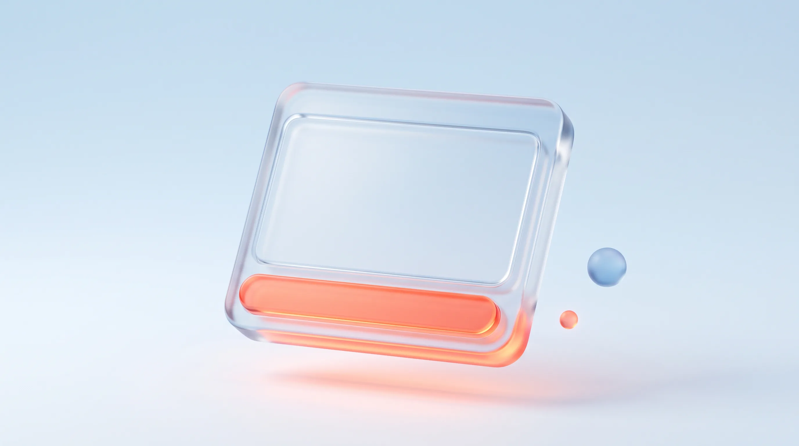A glass browser window frame with a glowing coral pill button fixed along its lower edge, representing a sticky CTA bar