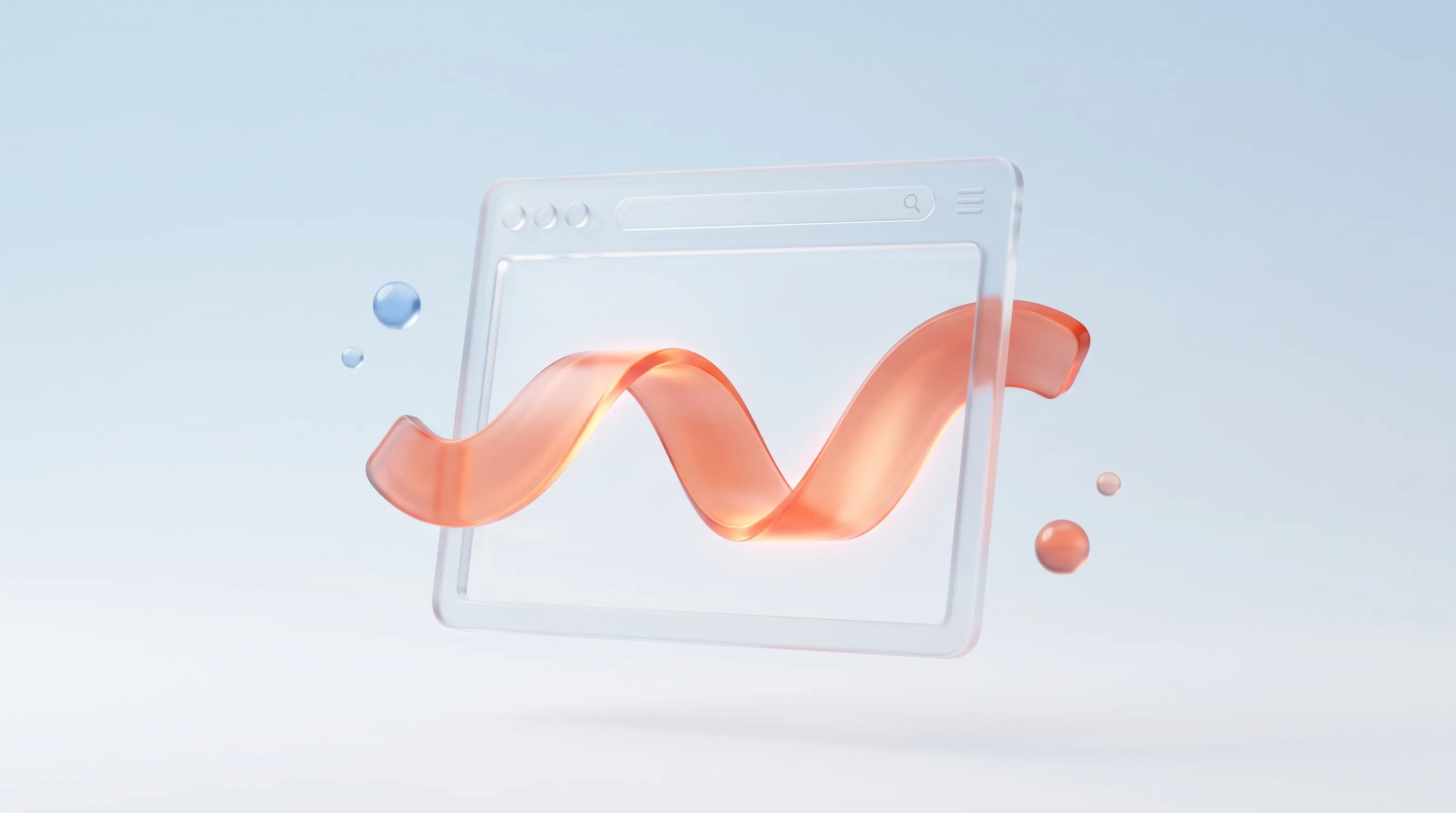 A glass browser window frame with a glowing coral narrative ribbon curving through it, representing a story-driven hero section