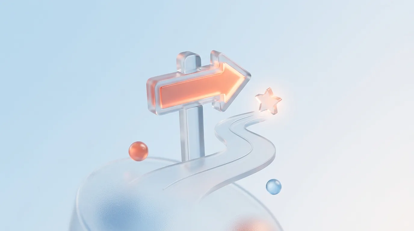 A glass glyph of a guiding figure pointing a hero toward a goal, representing the StoryBrand framework