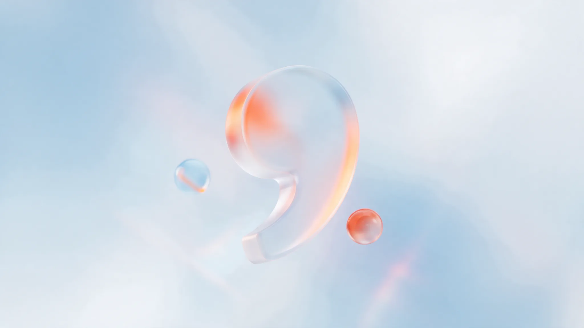 A large sculptural frosted-glass quotation mark glowing on a pale sky-blue gradient with coral light