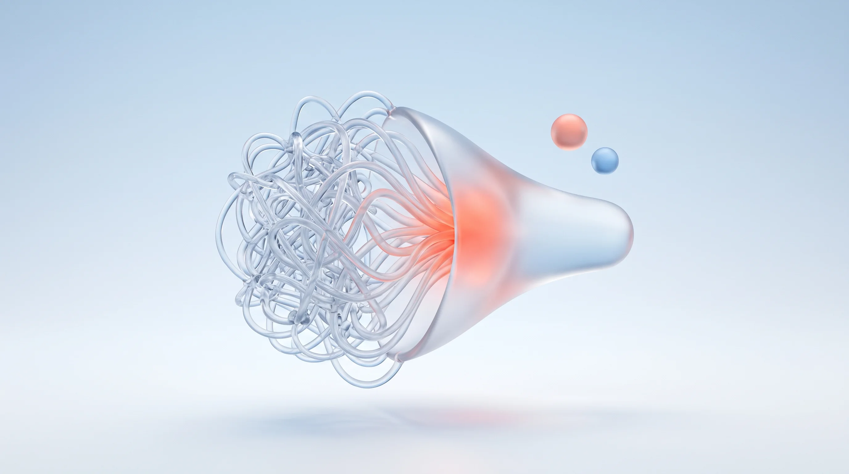 A glass glyph of complexity shifting from a person to a machine, represented by tangled lines resolving inside a glass form