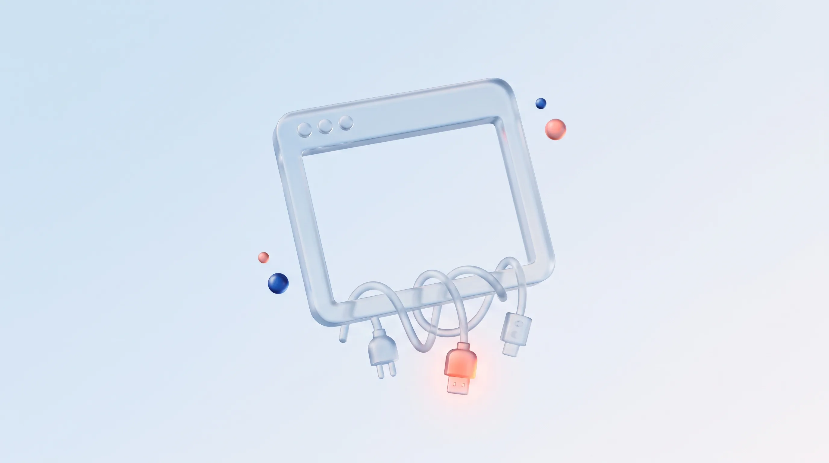 Glass browser window frame with tangled glass cords and plug connectors weighing it down, representing third-party scripts slowing a site