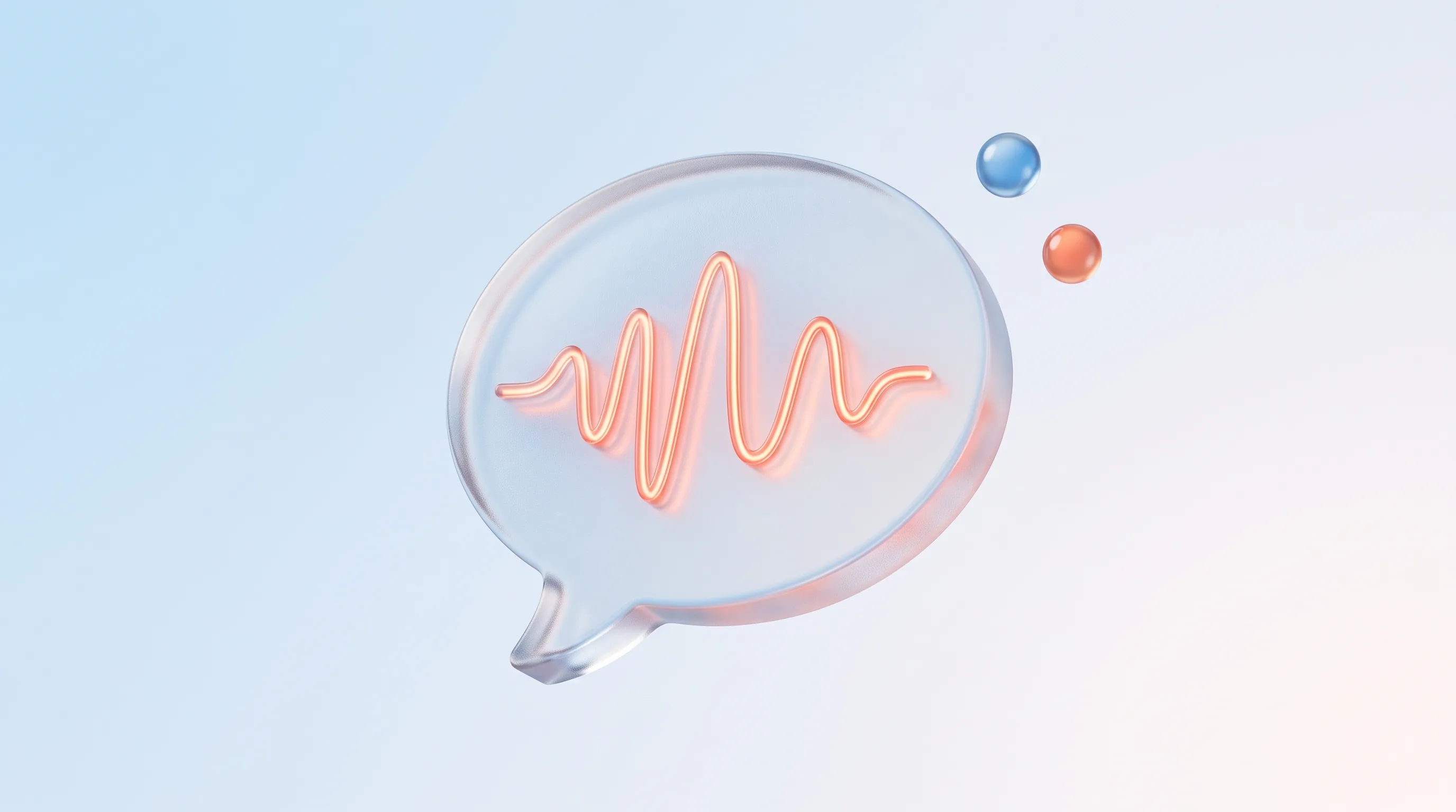 A glass glyph of a speech mark with a distinct waveform, representing a defined brand tone of voice