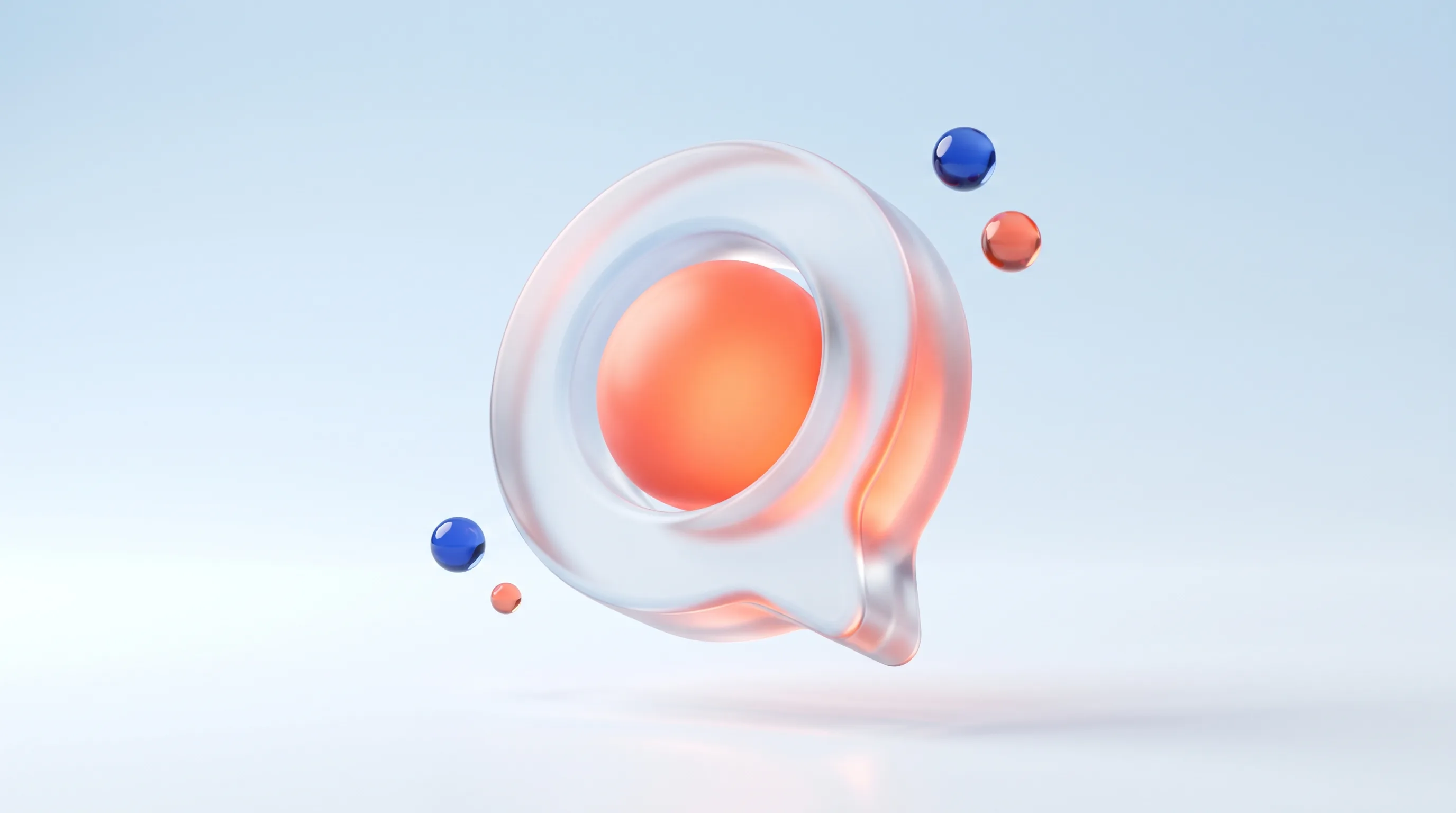 A glass answer speech bubble glyph with a glowing coral core, representing answer engine optimisation