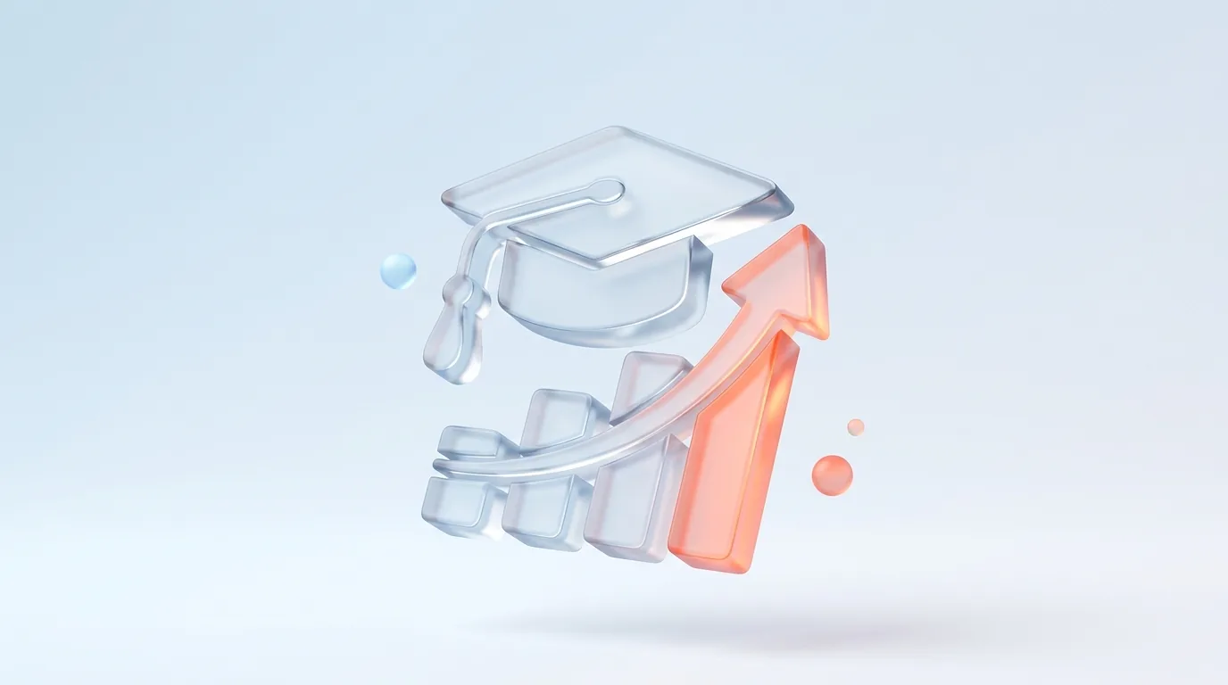 A glass glyph of a graduation cap over a rising chart, representing conversion optimization courses