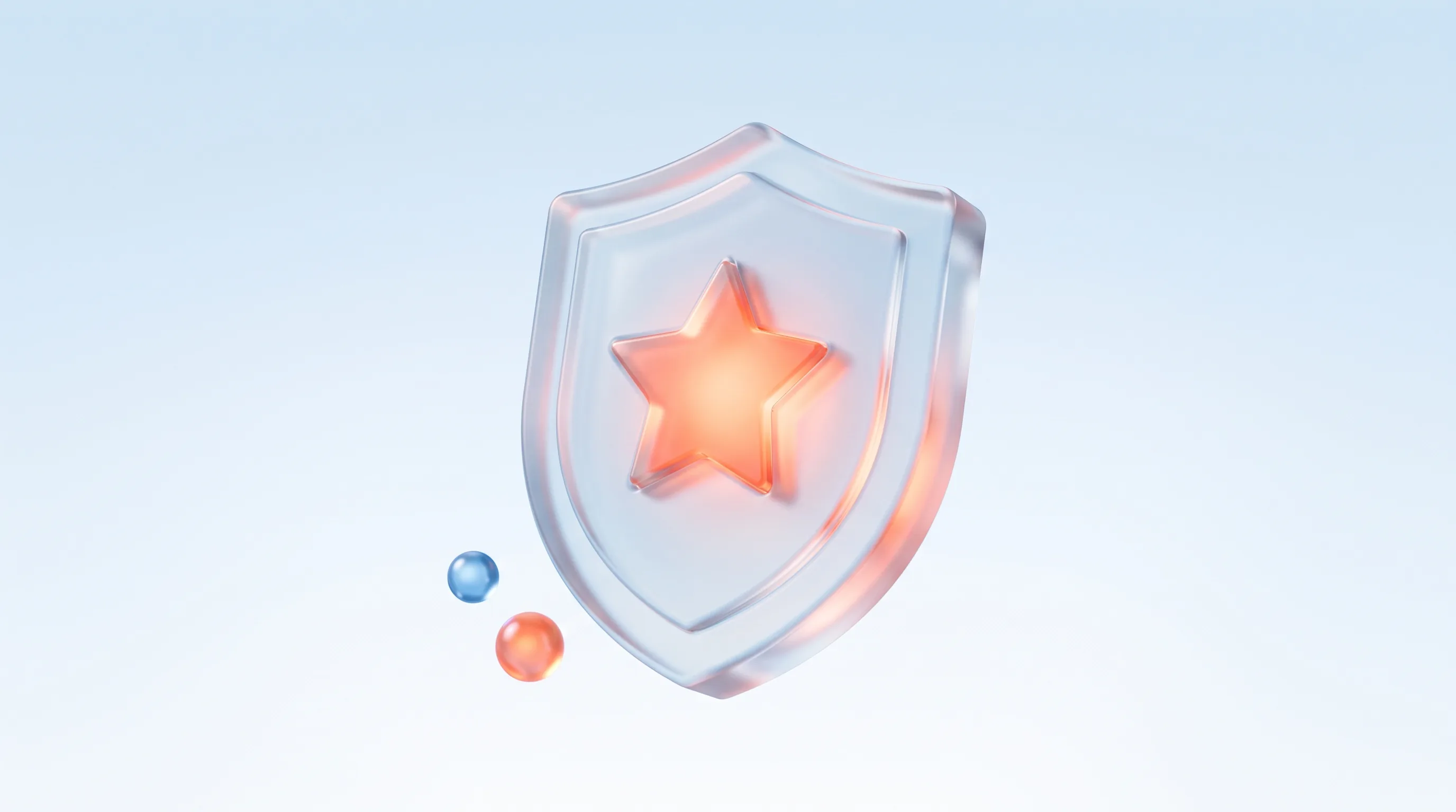 A glass shield badge glyph with a glowing coral star, representing conversion trust signals