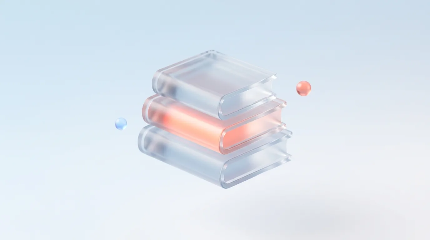 A glass glyph of a stack of books with a glowing spine, representing a UI/UX reading list