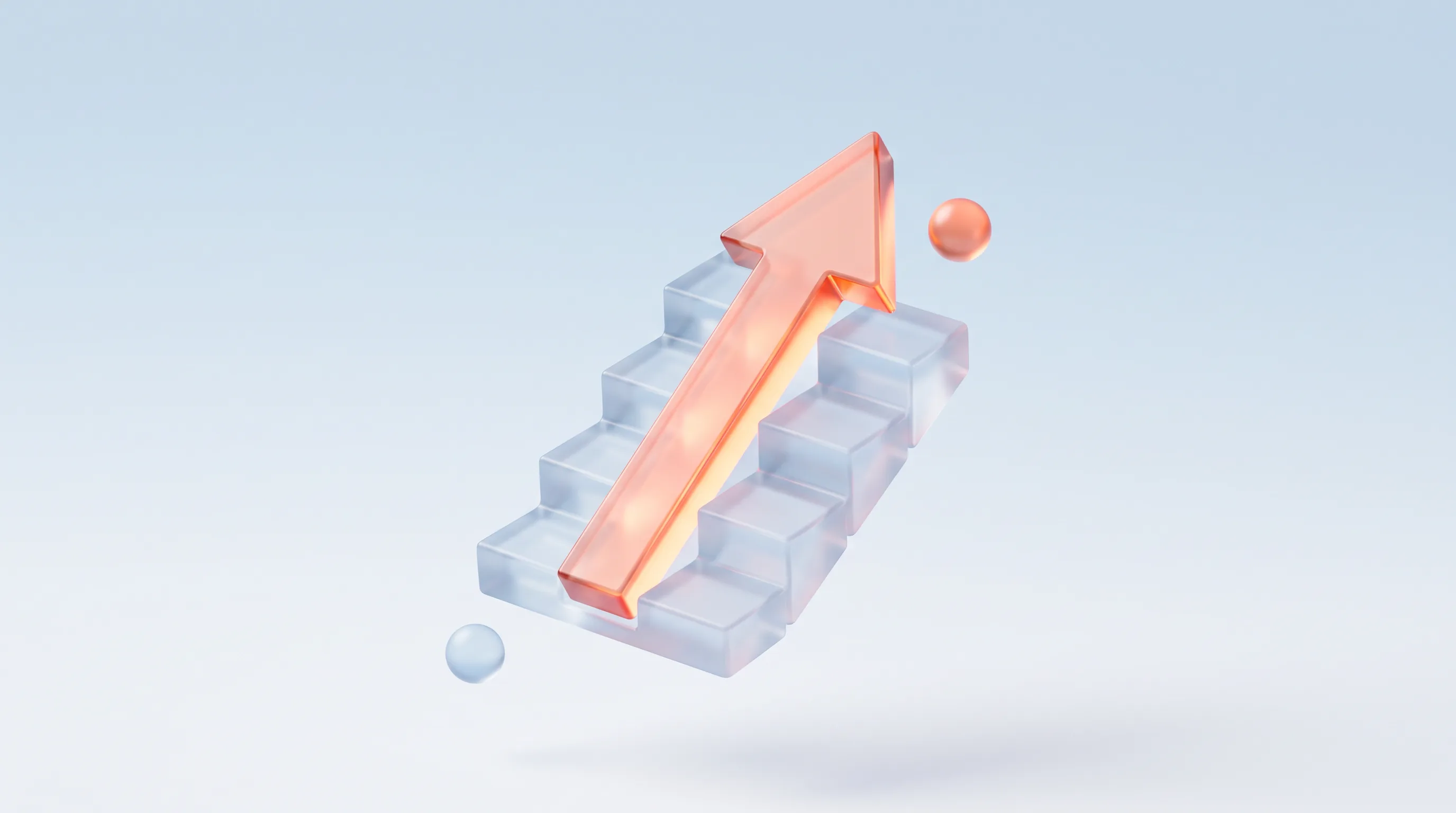 A glass upward trend arrow rising through layered glass with a coral glow, representing 2026 UI/UX trends