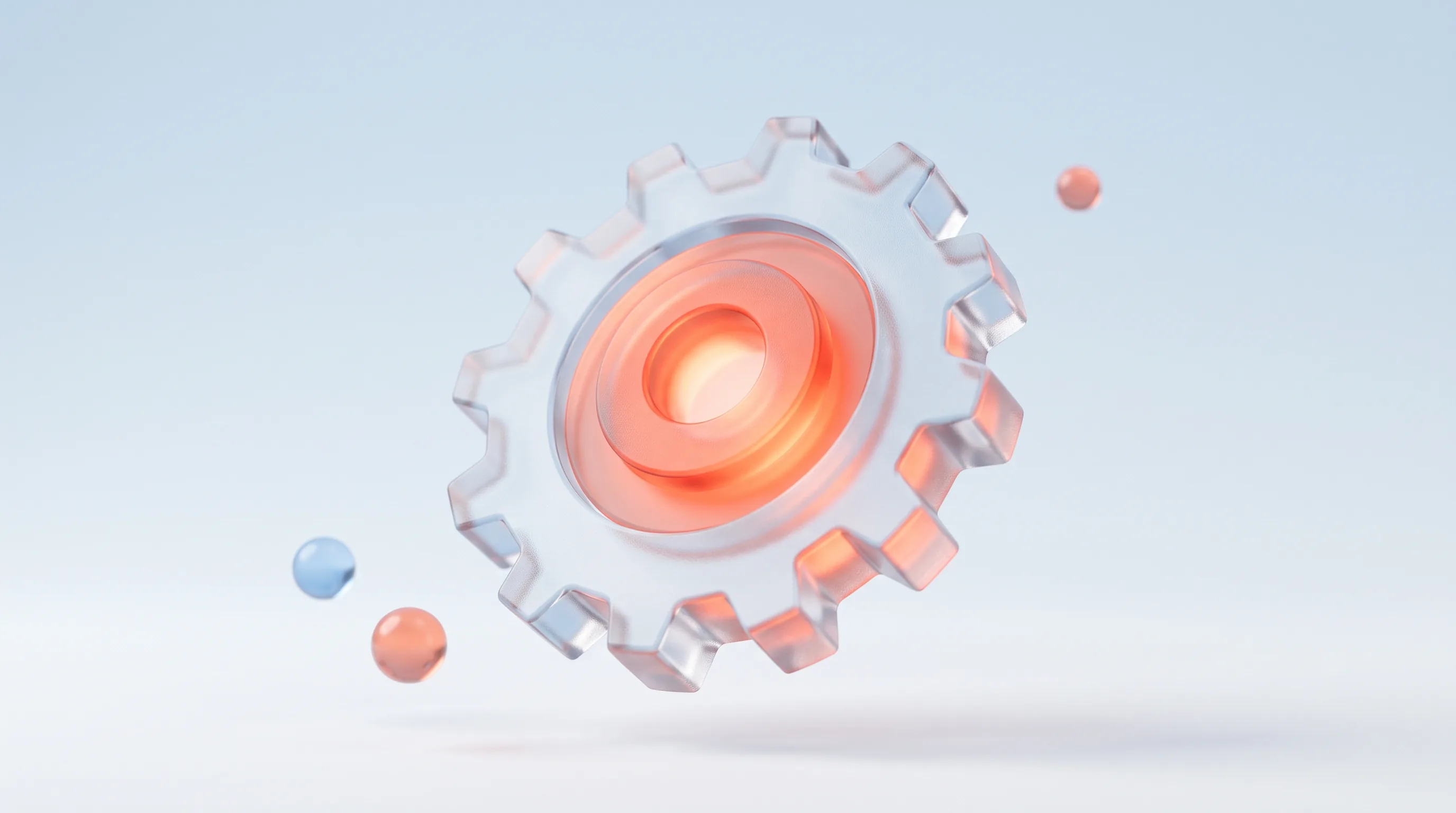 A glass gear glyph with a glowing coral core, representing a curated set of Zoho automations