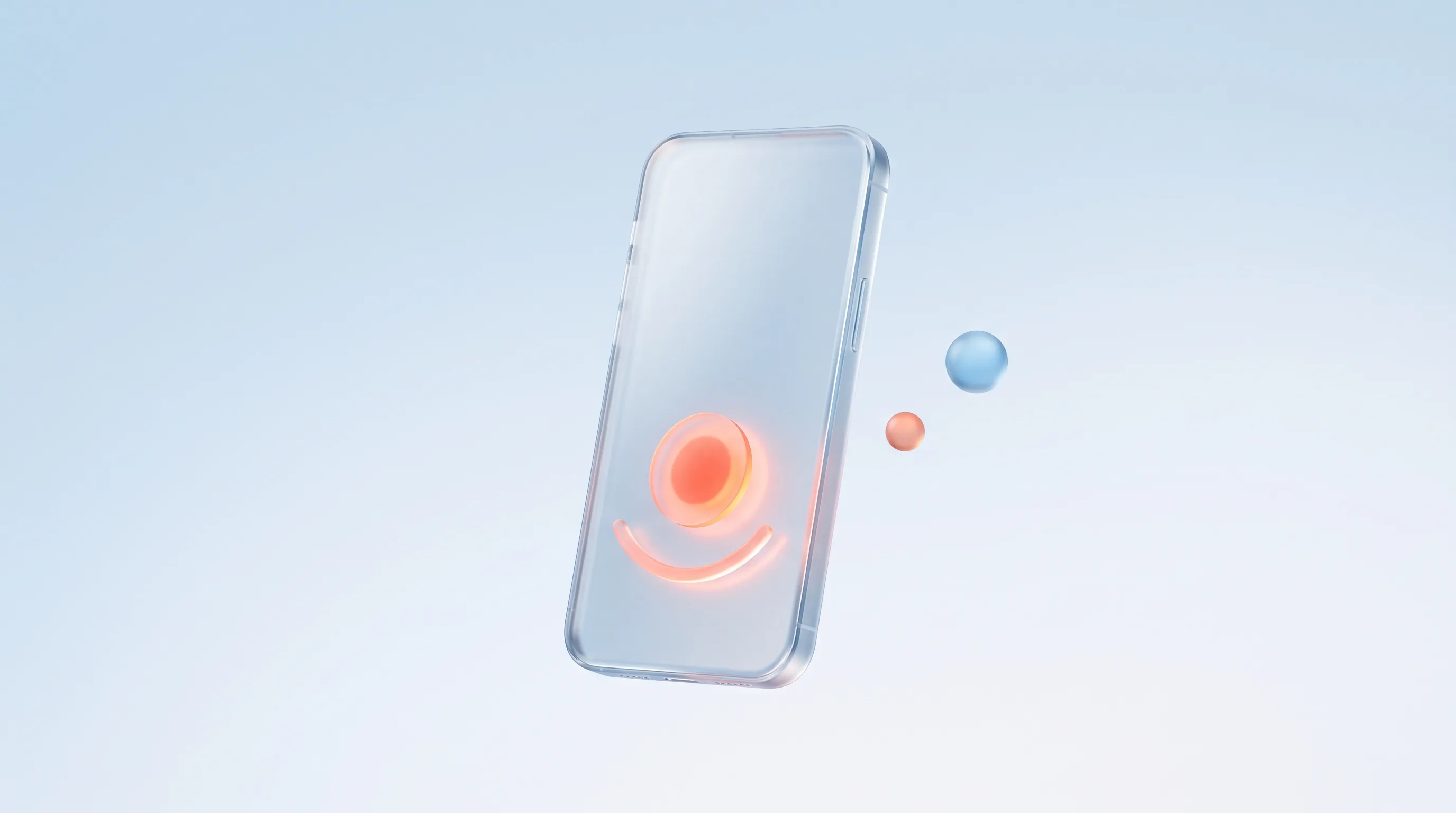 A glass smartphone glyph with a glowing coral circular tap target on its lower half, representing touch target ergonomics