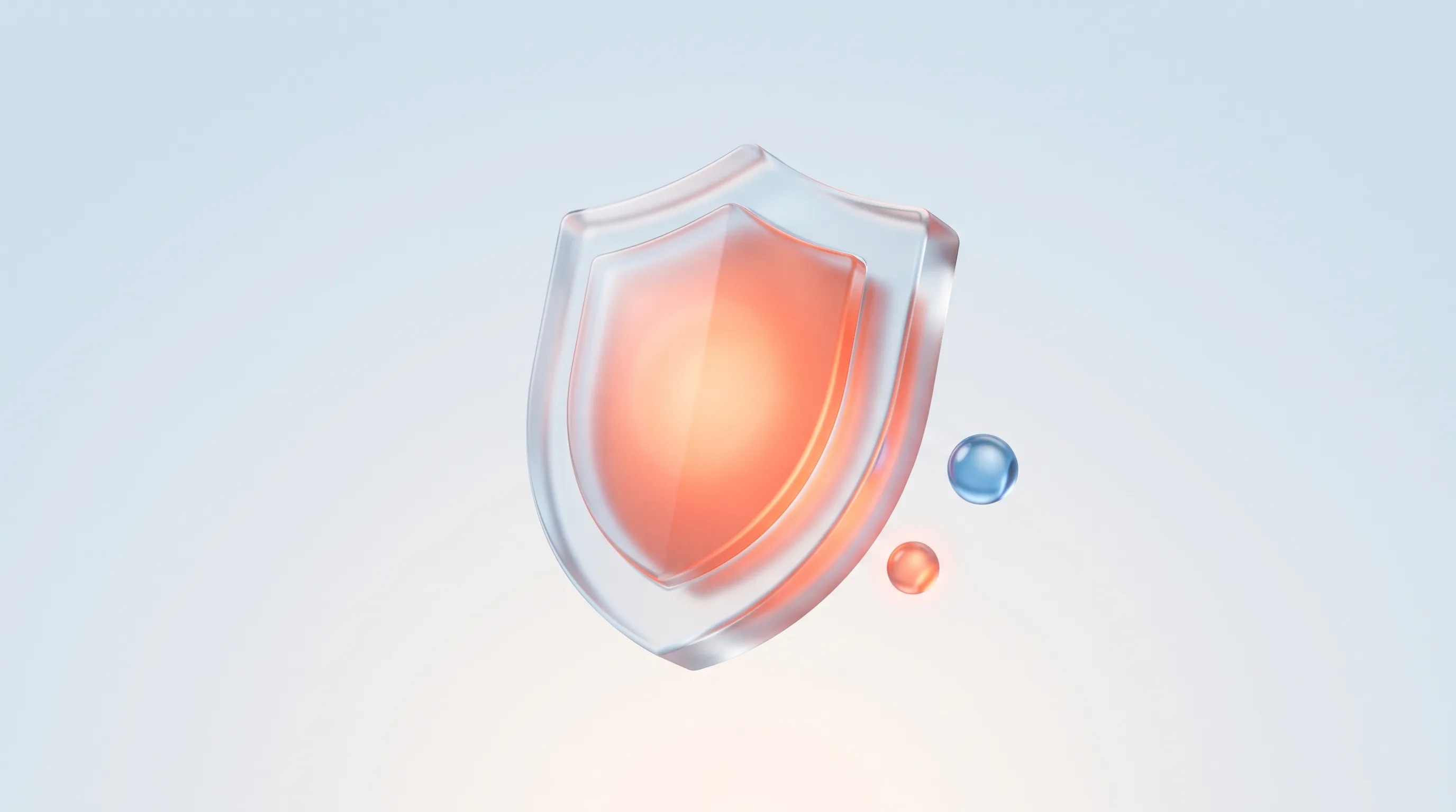 A glass shield badge glyph with a glowing coral-orange core, representing trust and security signals