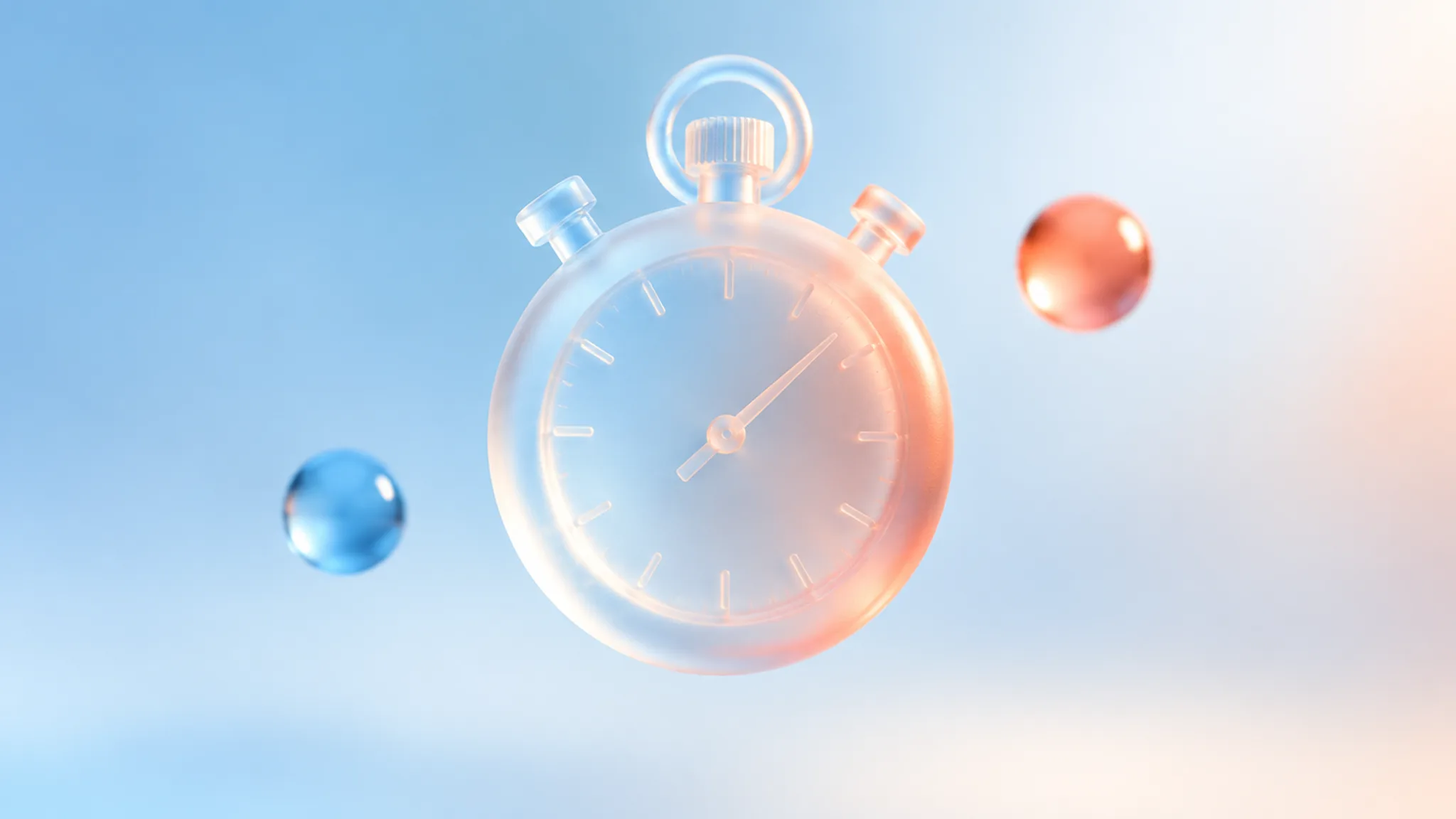 A frosted-glass stopwatch glyph on a pale sky-blue gradient with a warm coral glow