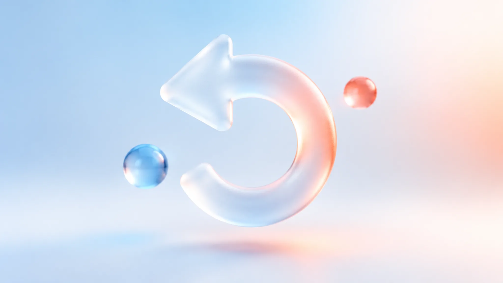 A frosted-glass circular undo arrow glyph on a pale sky-blue gradient with a warm coral glow