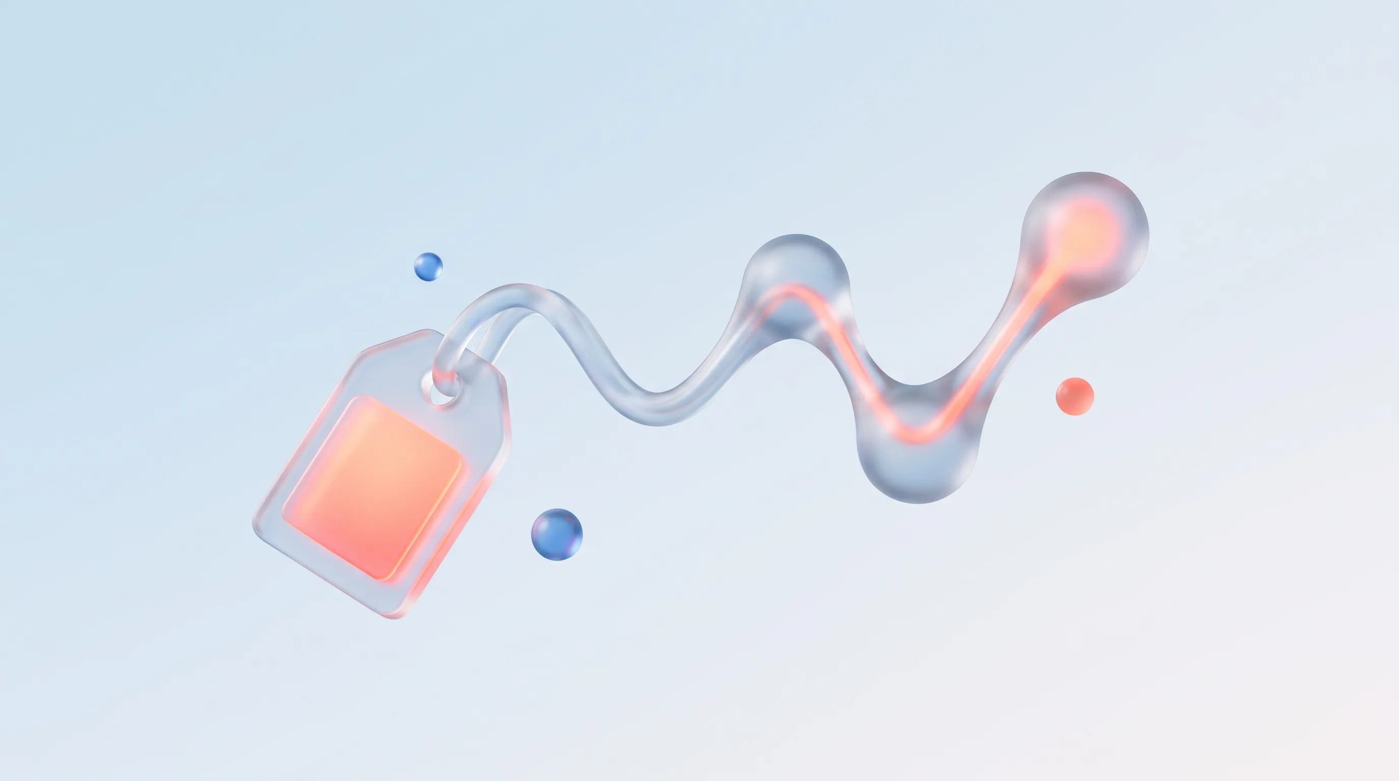 Glass luggage-tag glyph attached to a flowing glass thread running through several connected points, representing UTM data surviving the funnel