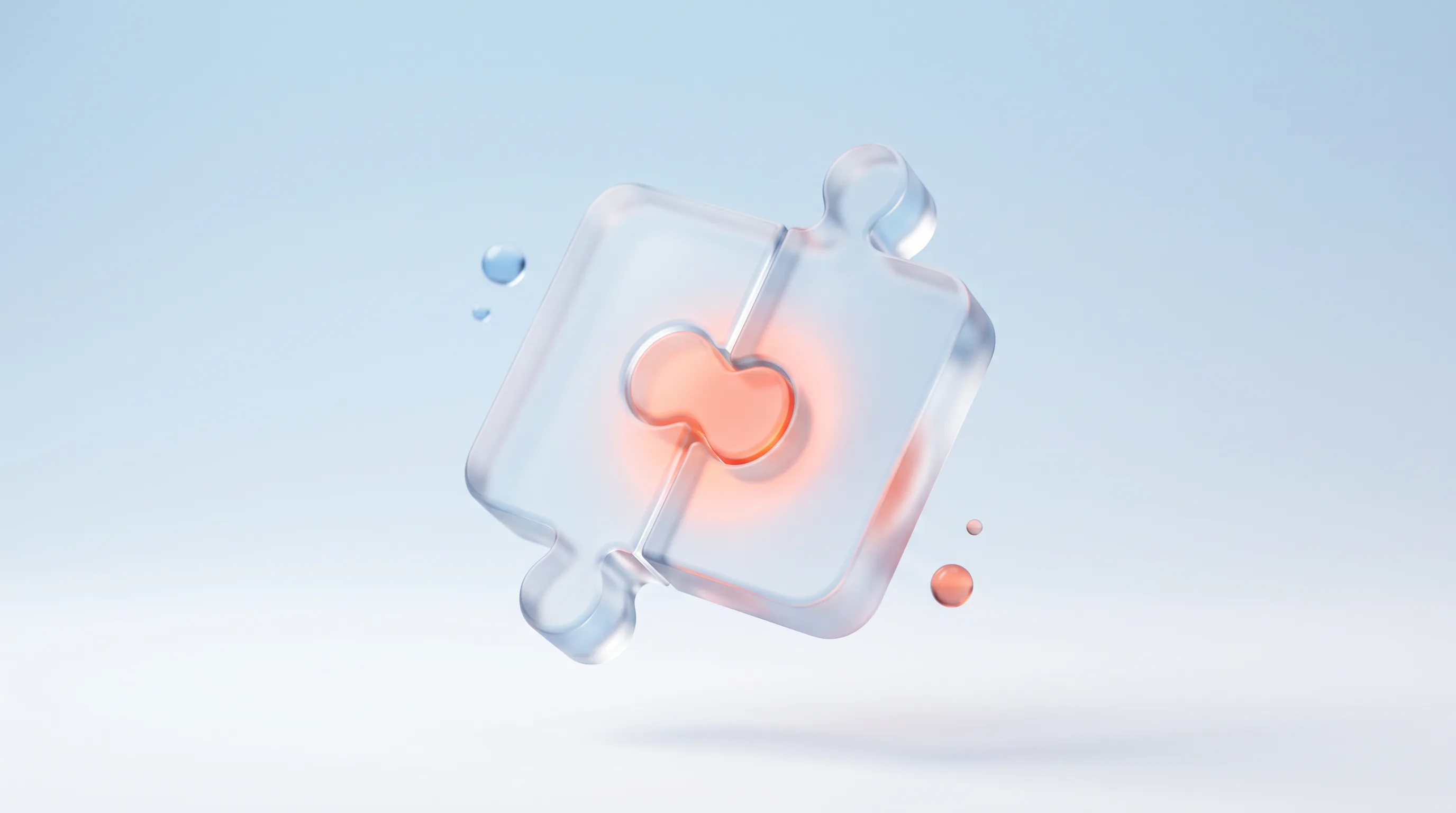 A glass glyph of two interlocking halves fitting together, representing product fit to customer needs in the value proposition canvas