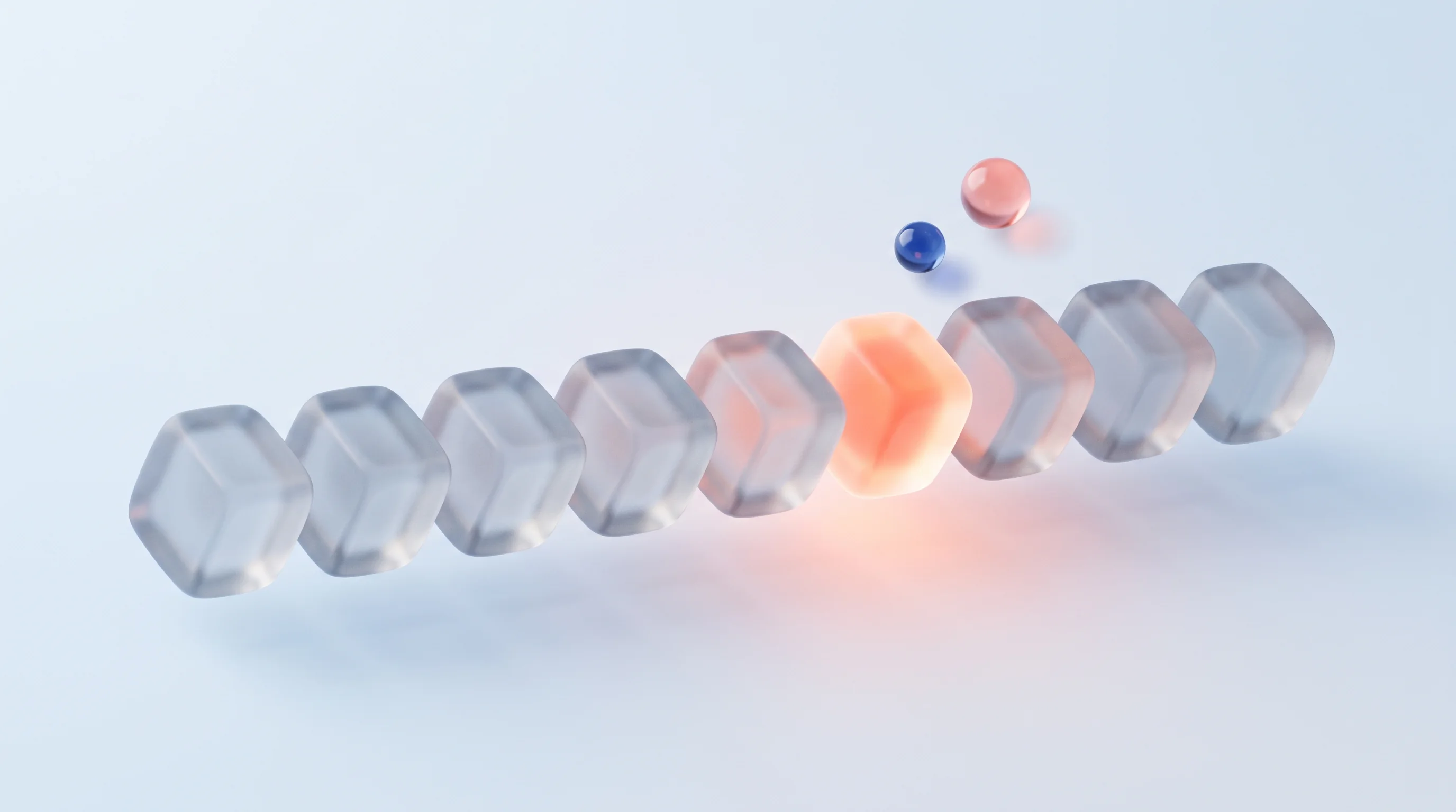 A glass glyph of one glowing element standing out among identical muted shapes, representing the Von Restorff effect