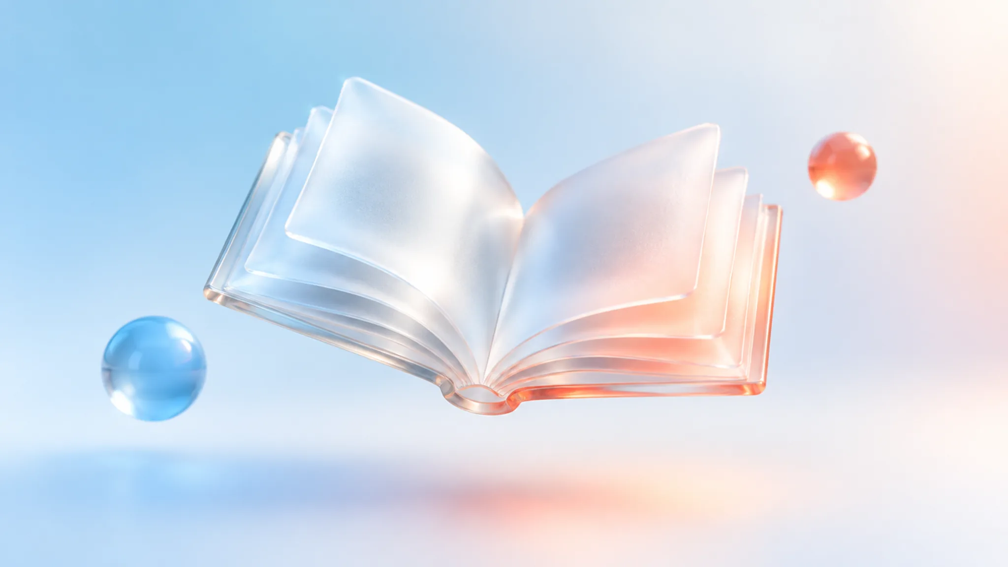 A sculptural frosted-glass open book on a pale sky-blue gradient with warm coral light
