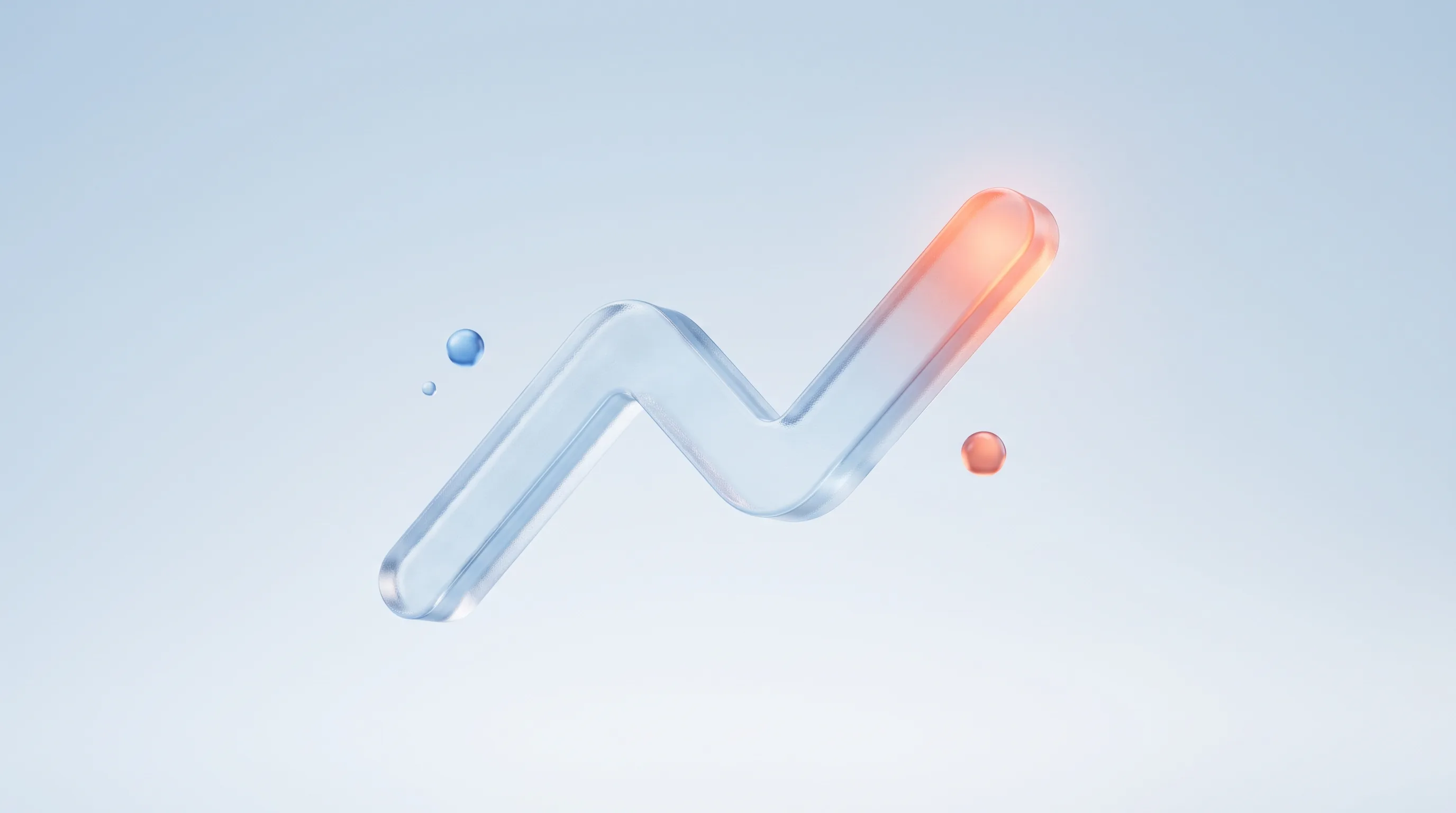 Glass line chart where the line dips slightly then recovers upward with a glowing recovery point, representing a redesign without a conversion dip