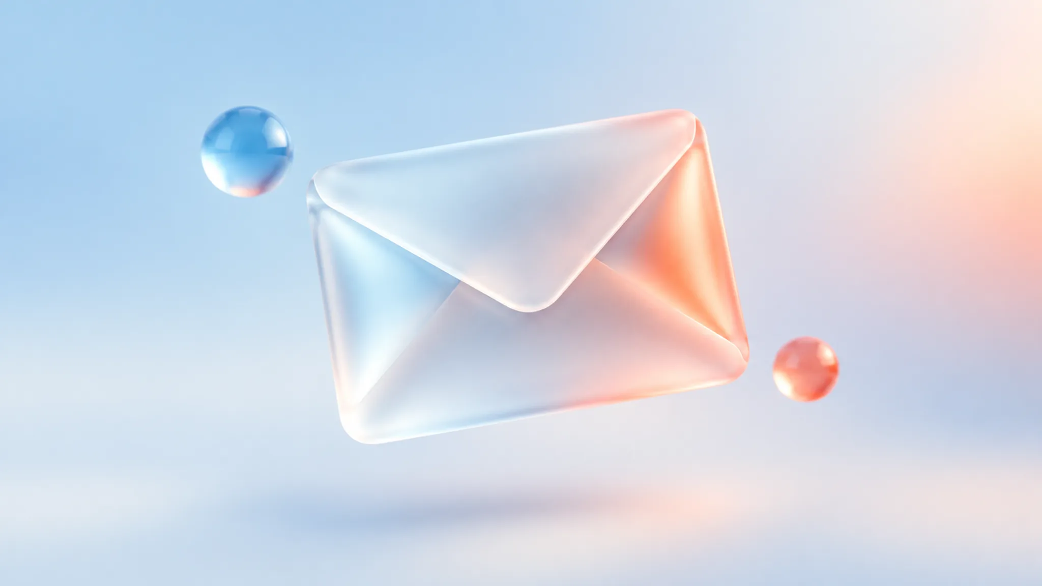 A frosted-glass envelope glyph on a pale sky-blue gradient with a warm coral glow