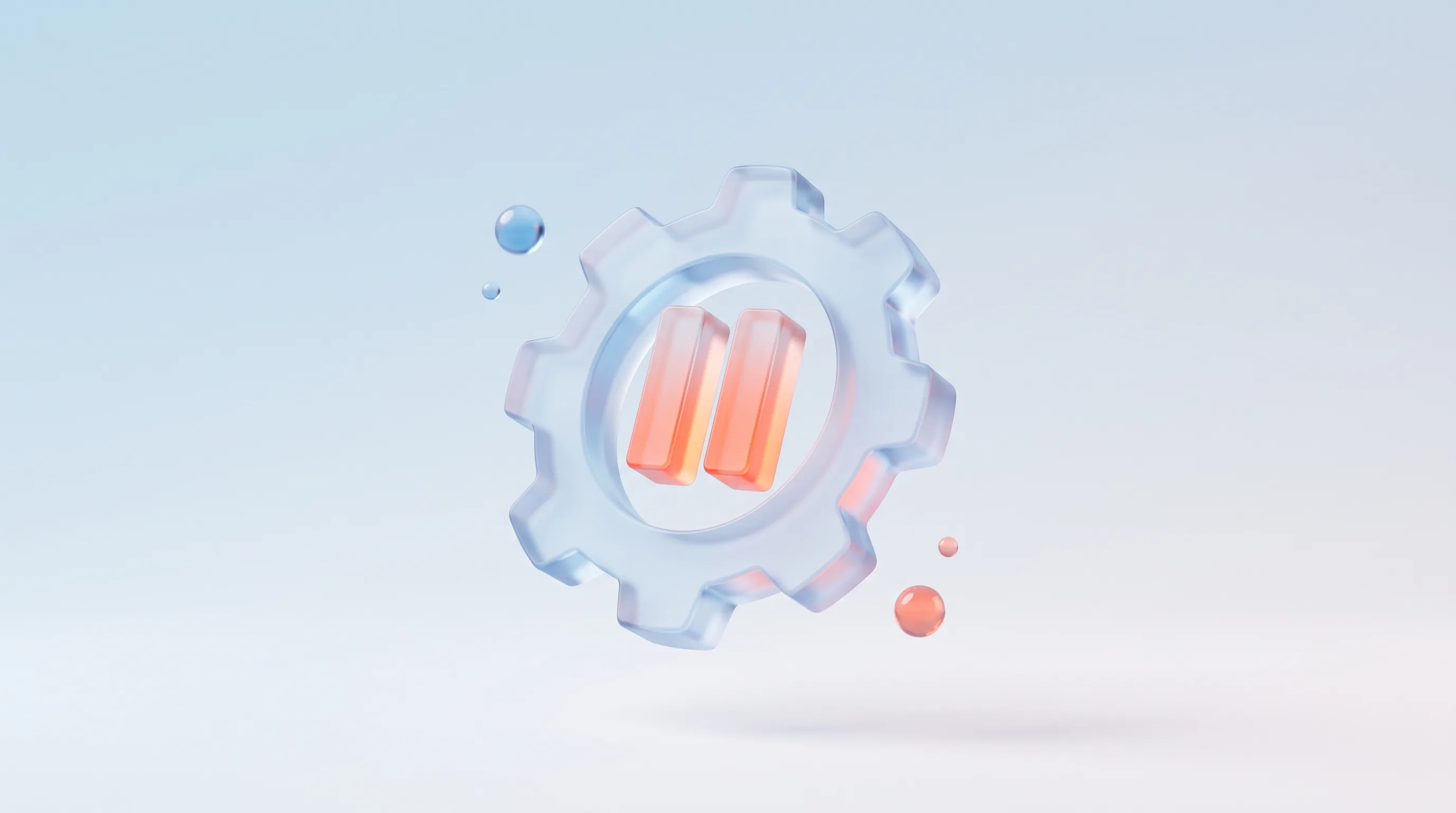 Glass gear with a glowing pause symbol overlaid, representing knowing when to stop automating creative