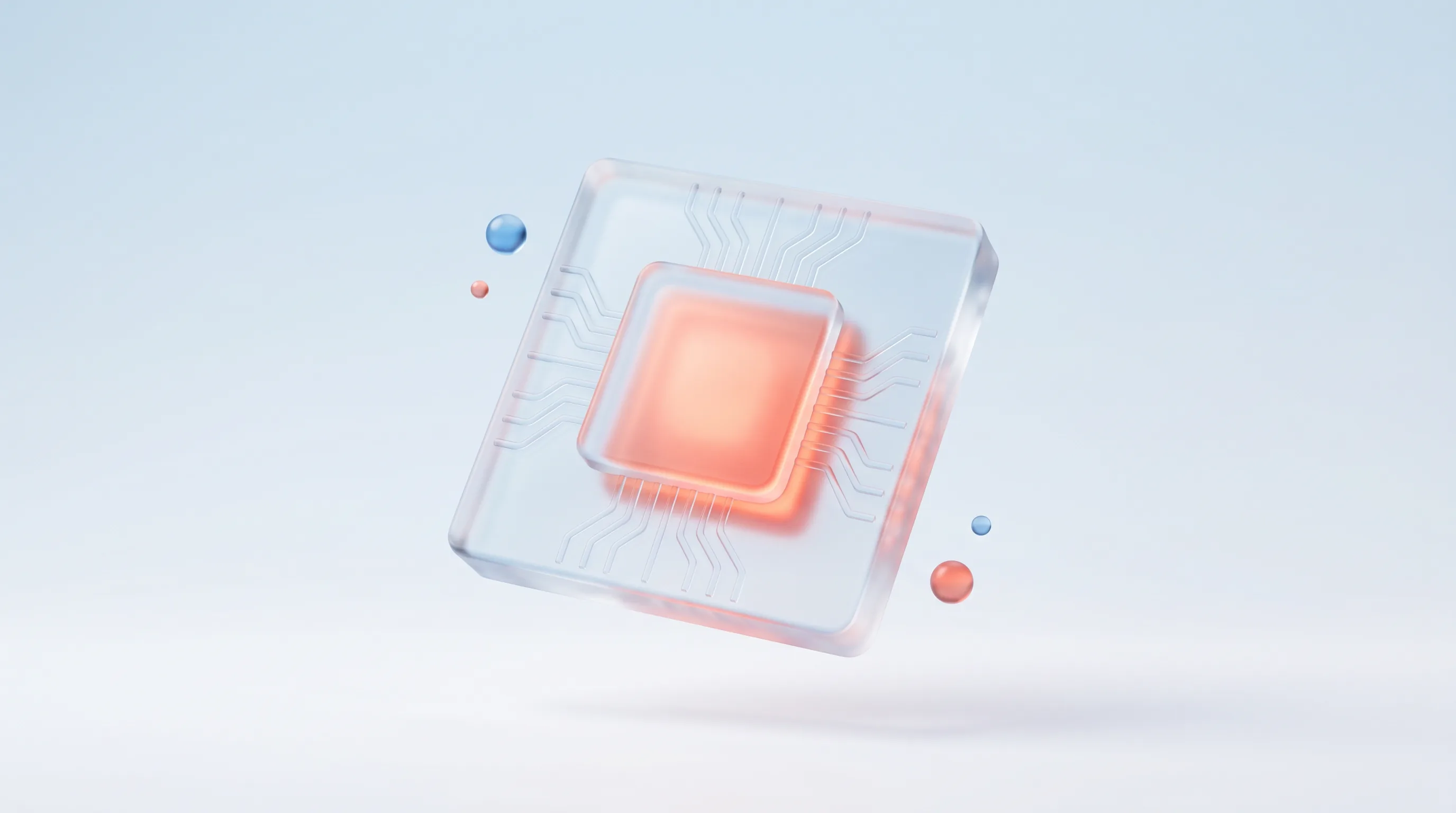 Glass microchip glyph with a glowing core and subtle circuit traces, representing AI embedded in a software stack