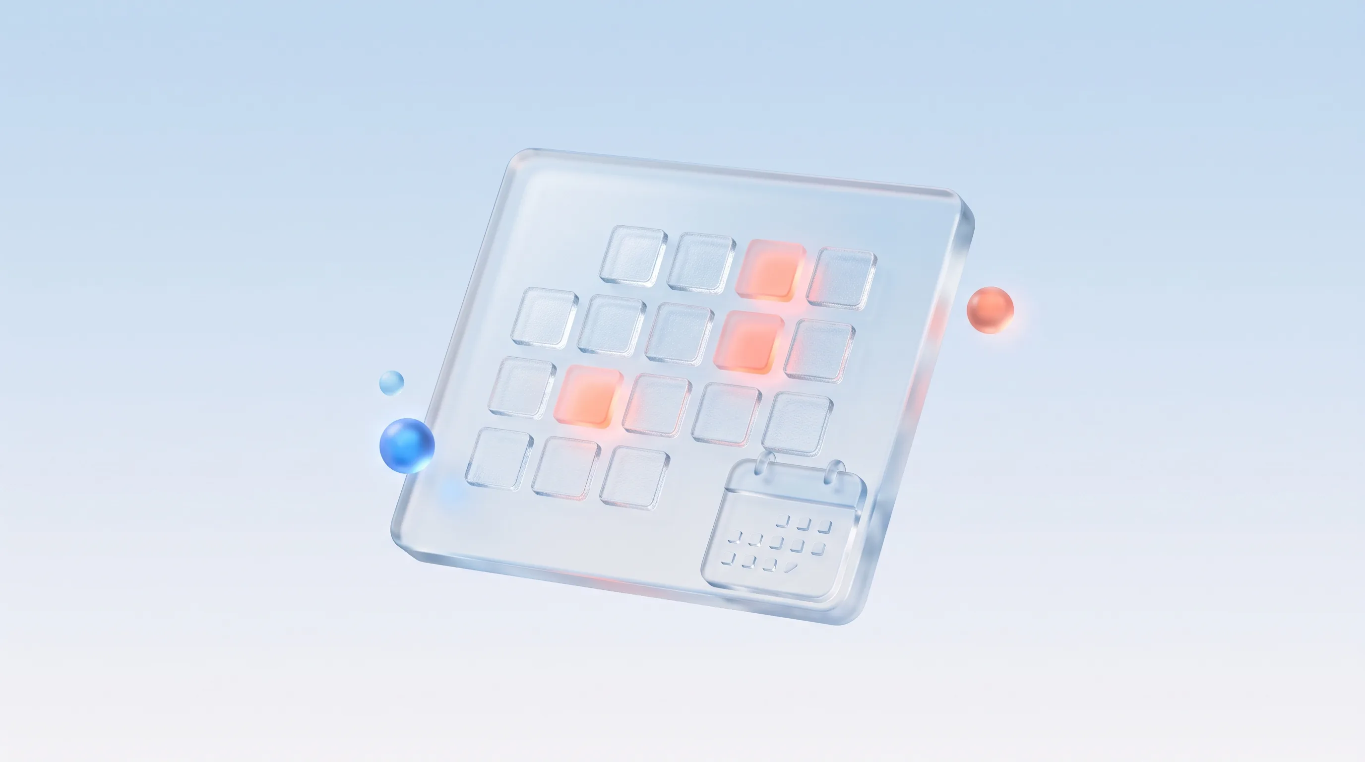 Glass dashboard panel with twelve small glowing metric tiles and a calendar corner, representing a year-end marketing metrics review