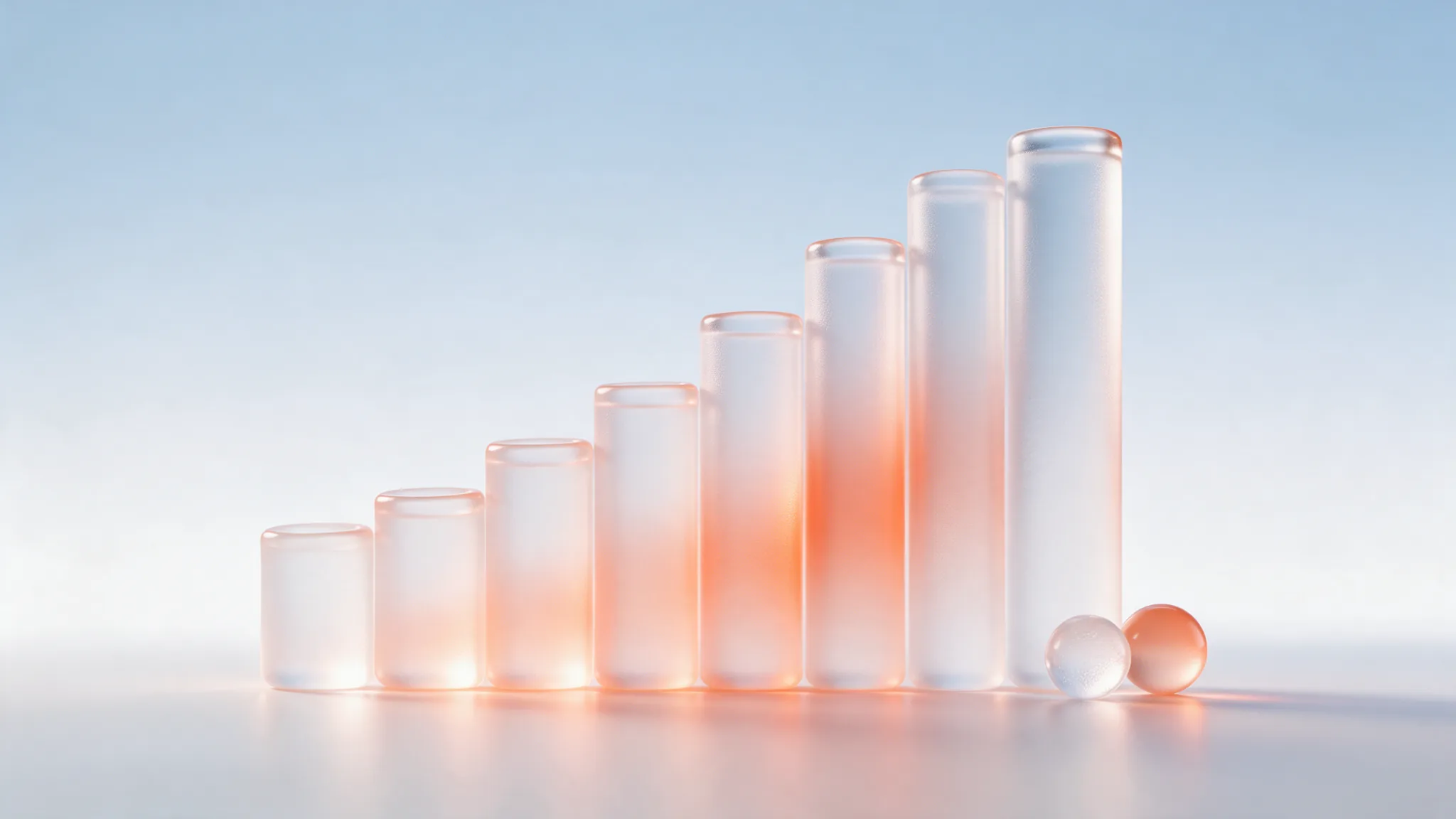 A frosted-glass bar chart rising from a pale surface with warm coral light behind it