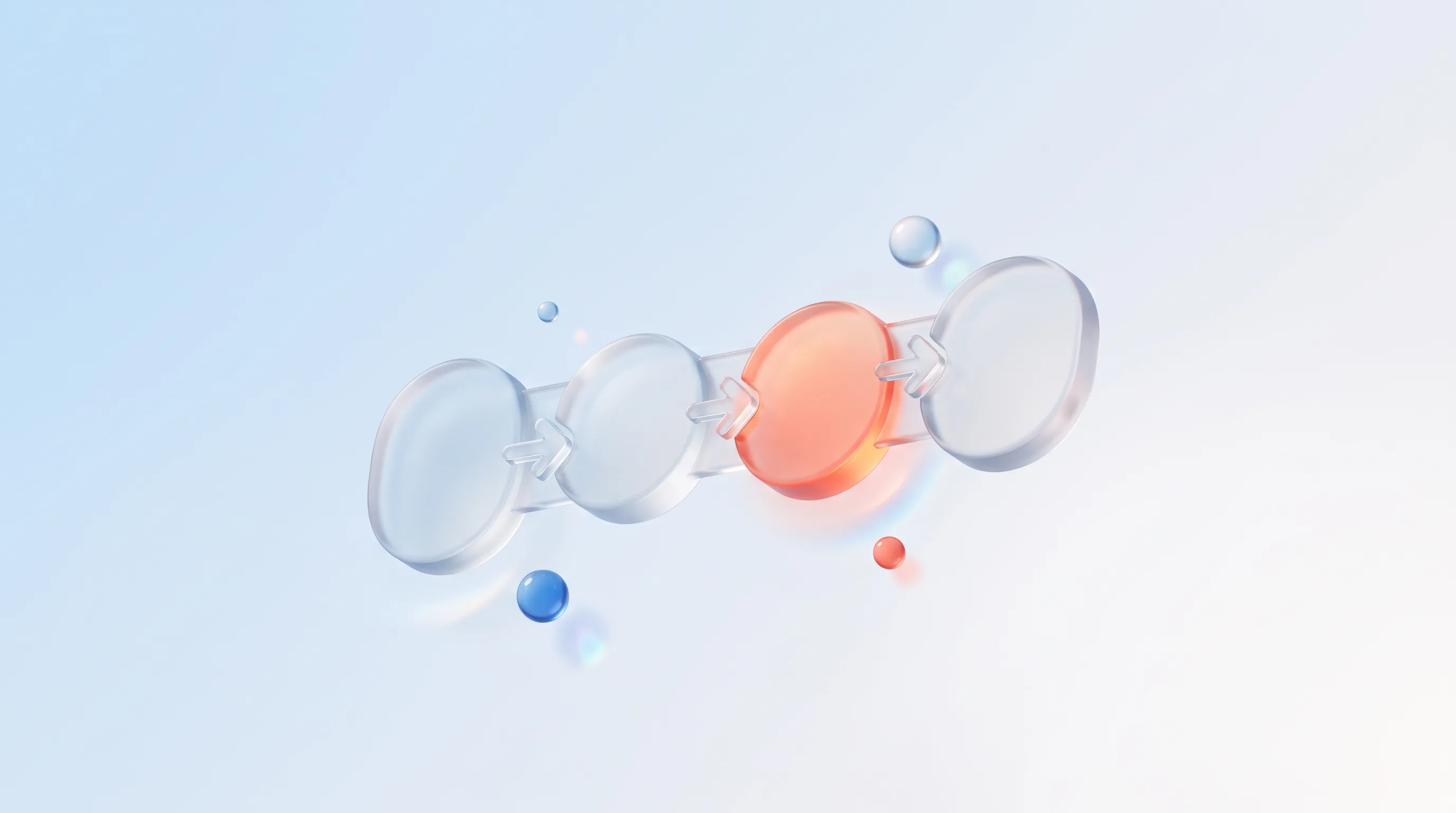 A glass row of connected pipeline stage nodes joined by arrows with one node glowing coral, representing a Zoho CRM Blueprint