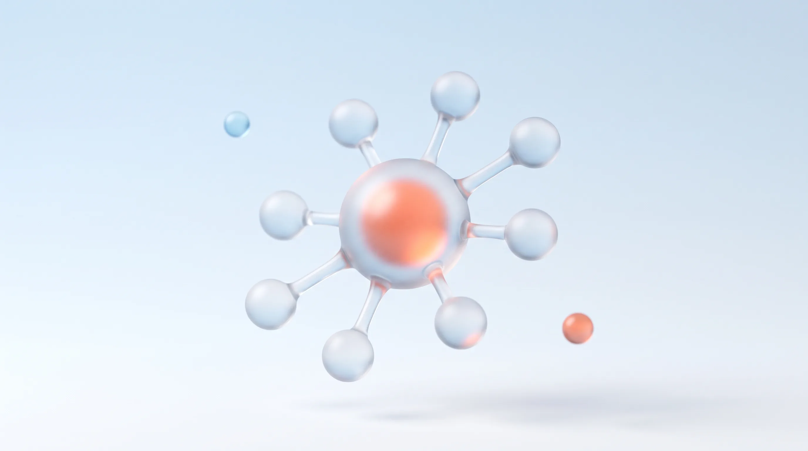 A central glass hub node with connectors branching to several small glass nodes with a glowing coral core, representing Zoho Flow