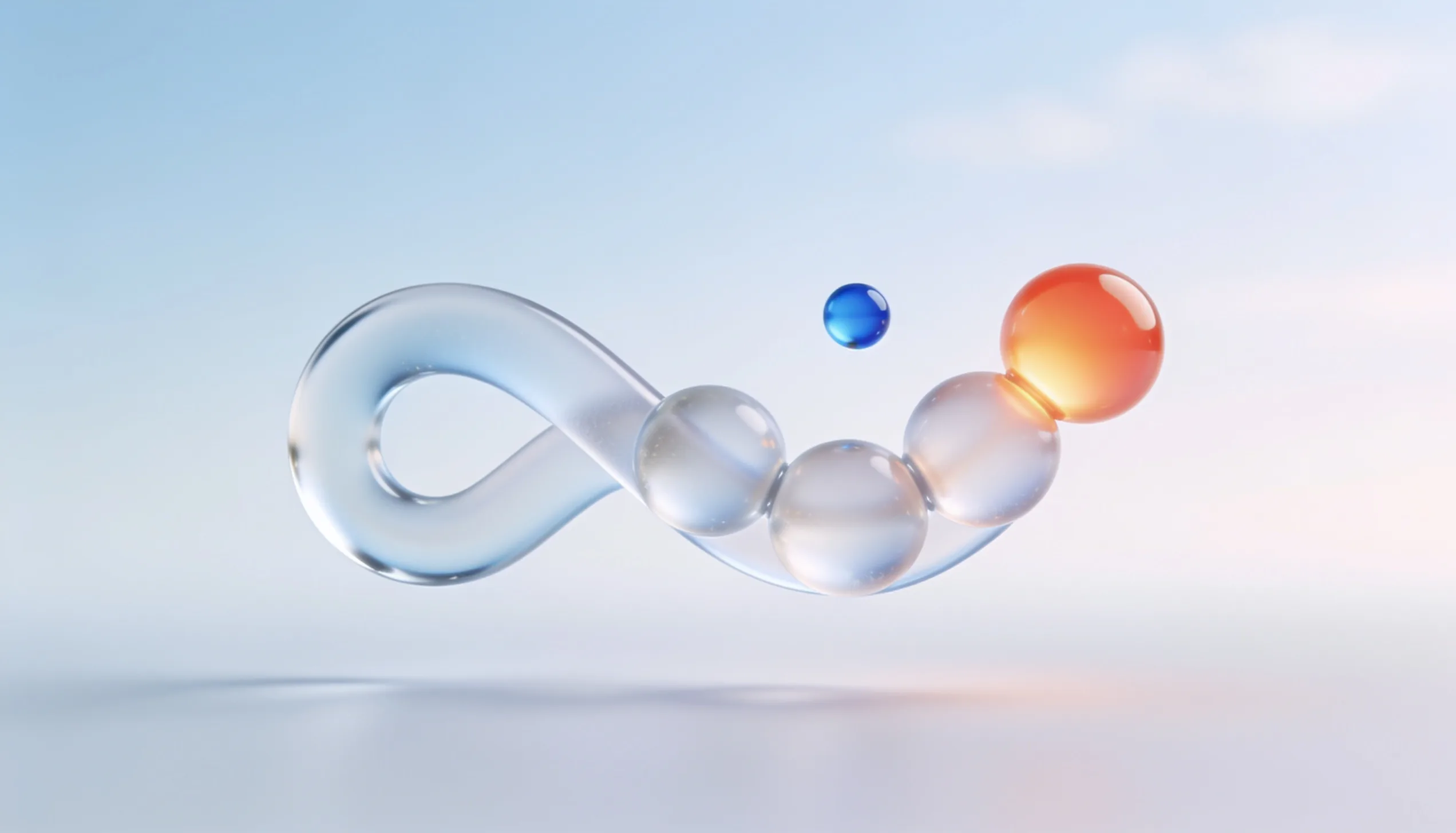 Glass ribbon weaving through connected spheres, representing automated workflow recipes